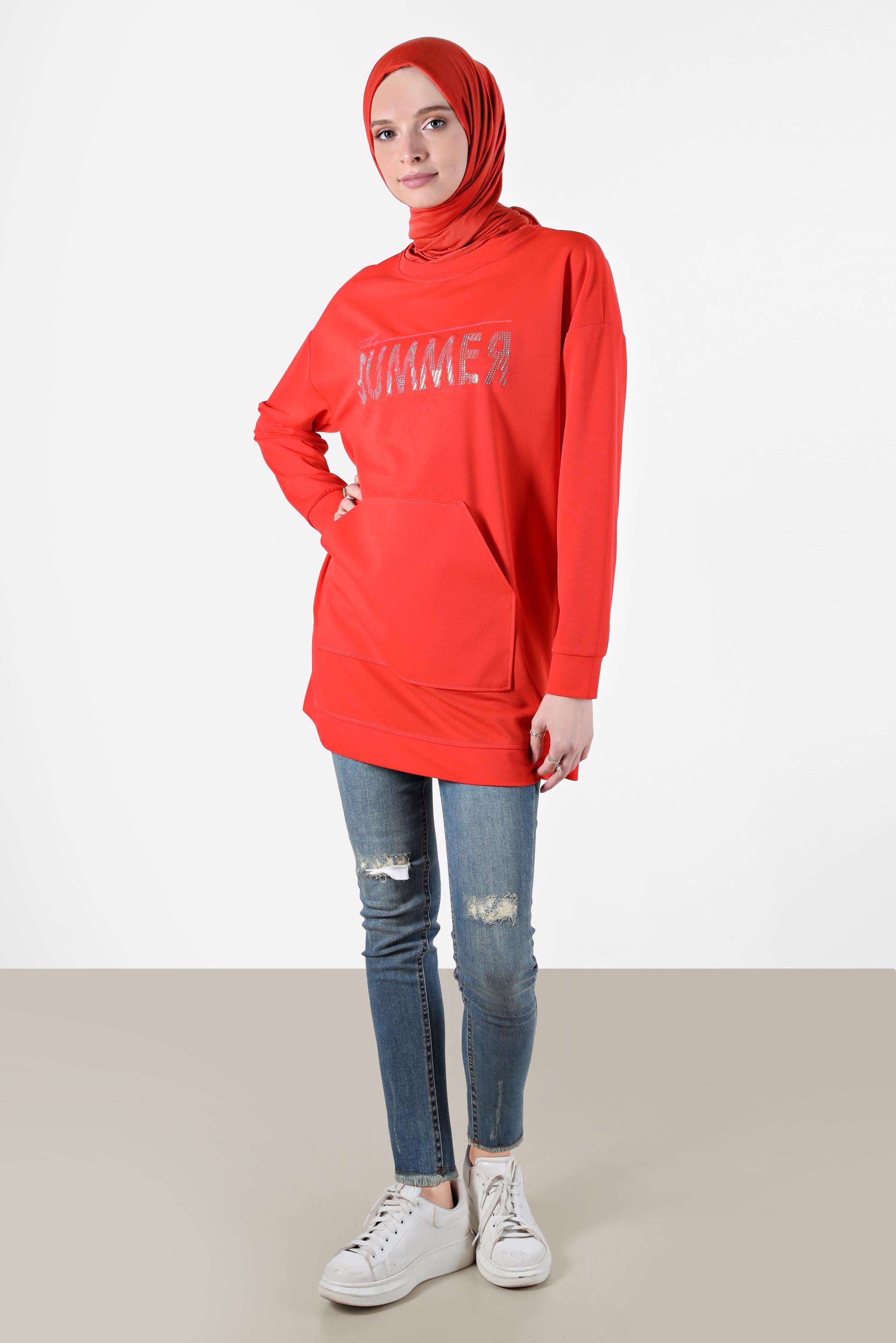 Tesettür giyim KIRMIZI YAZI BASKILI EŞOFMAN TUNİK 42740 