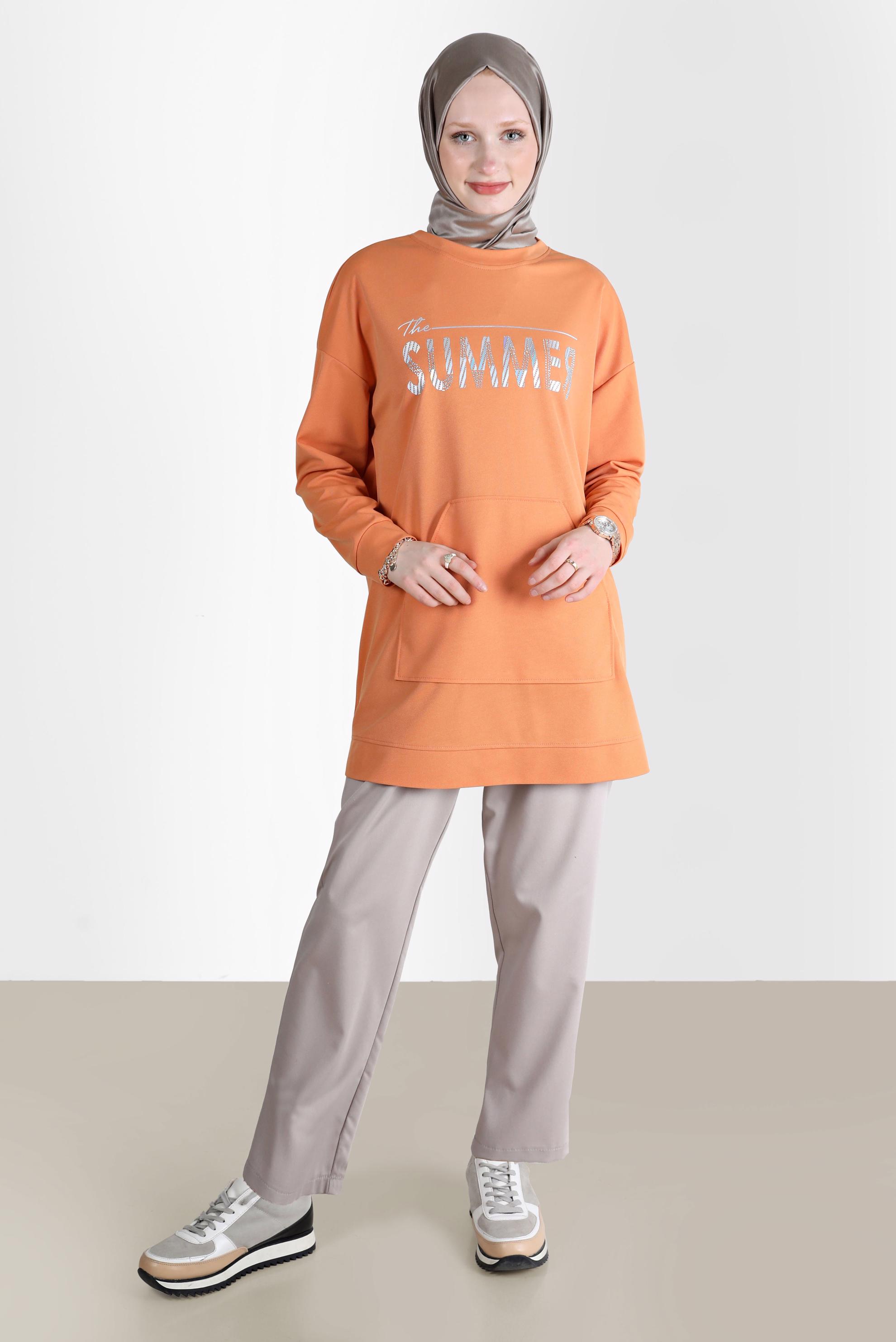 Tesettür giyim TURUNCU YAZI BASKILI EŞOFMAN TUNİK 42740 