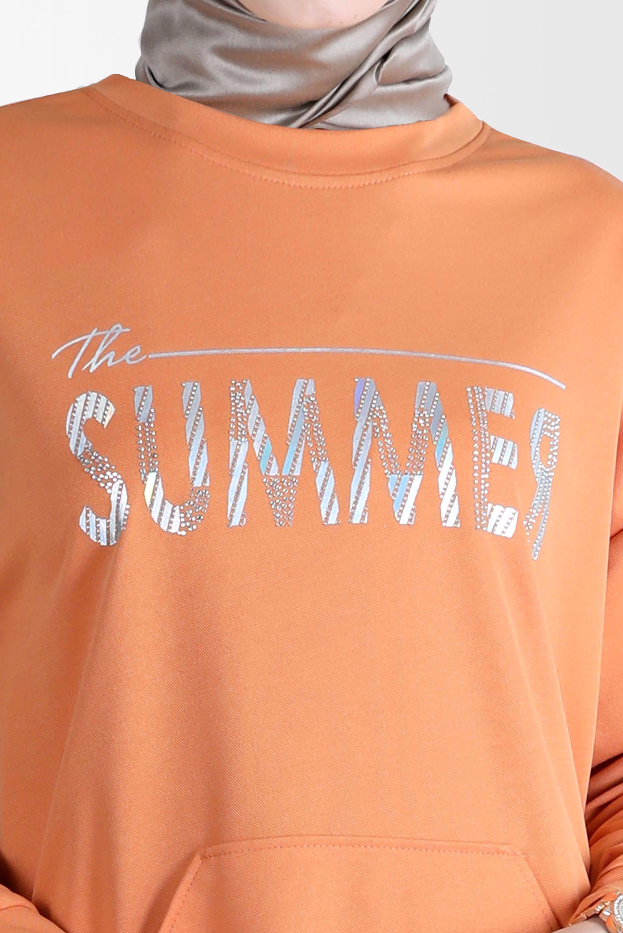 Tesettür giyim TURUNCU YAZI BASKILI EŞOFMAN TUNİK 42740 