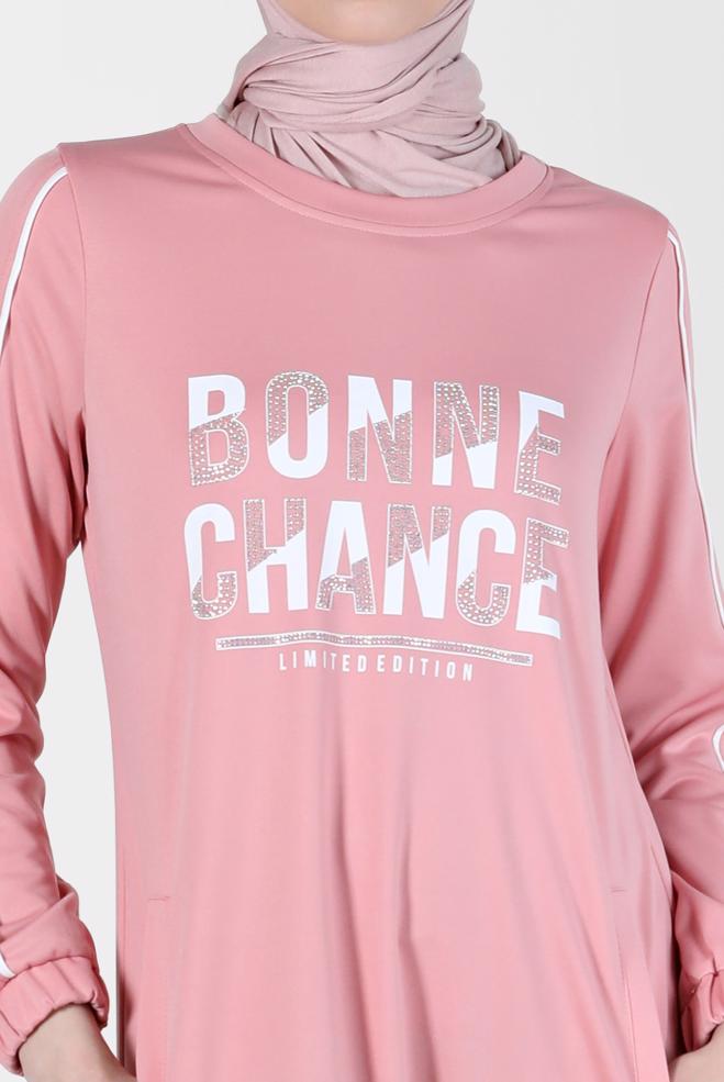 Tesettür giyim PUDRA TAŞ BASKILI EŞOFMAN ELBİSE 42742  - ALVİNA