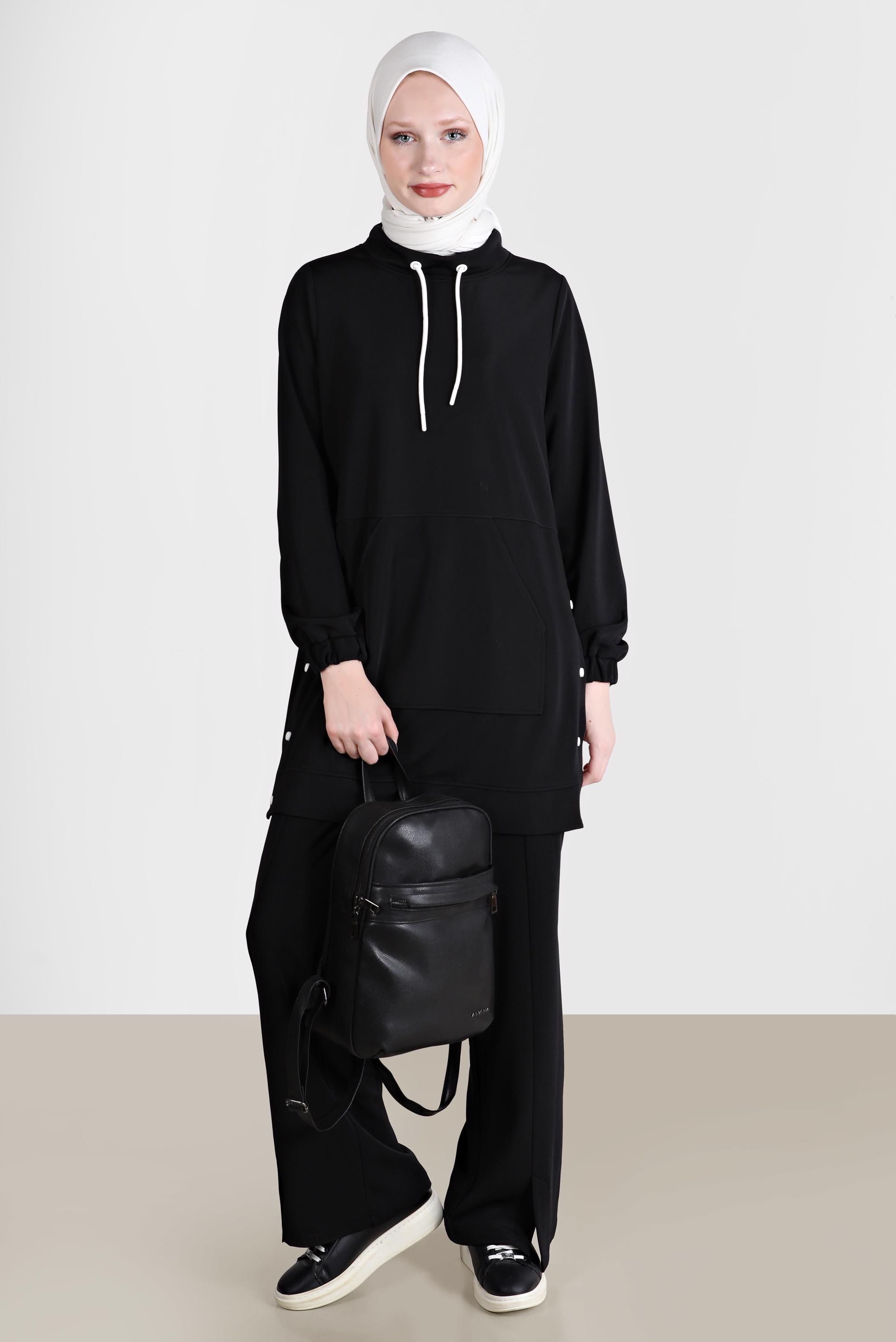 Tesettür giyim SİYAH ÇITÇIT DETAYLI CEPLİ EŞOFMAN TUNİK 42743 