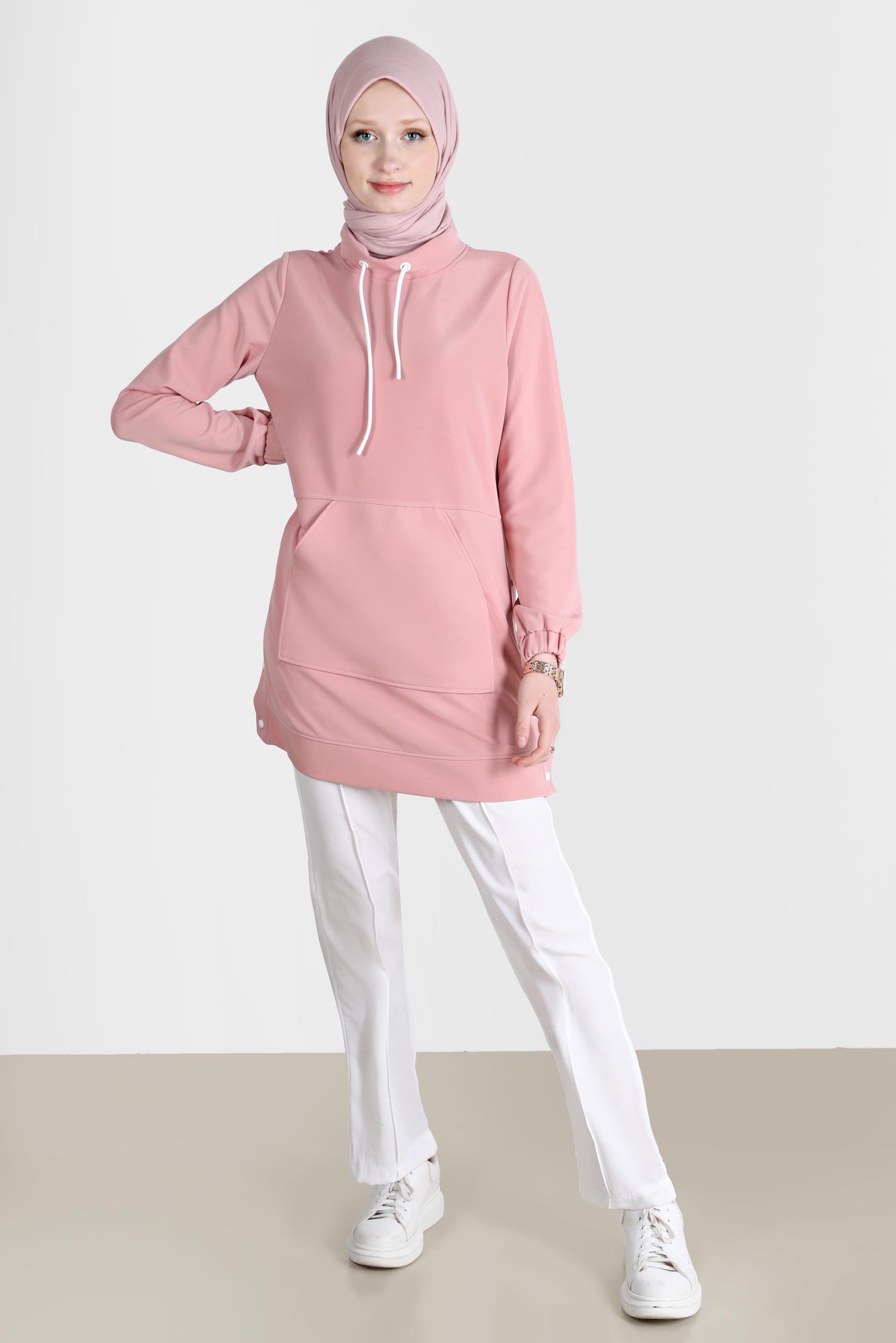 Tesettür giyim PUDRA ÇITÇIT DETAYLI CEPLİ EŞOFMAN TUNİK 42743 