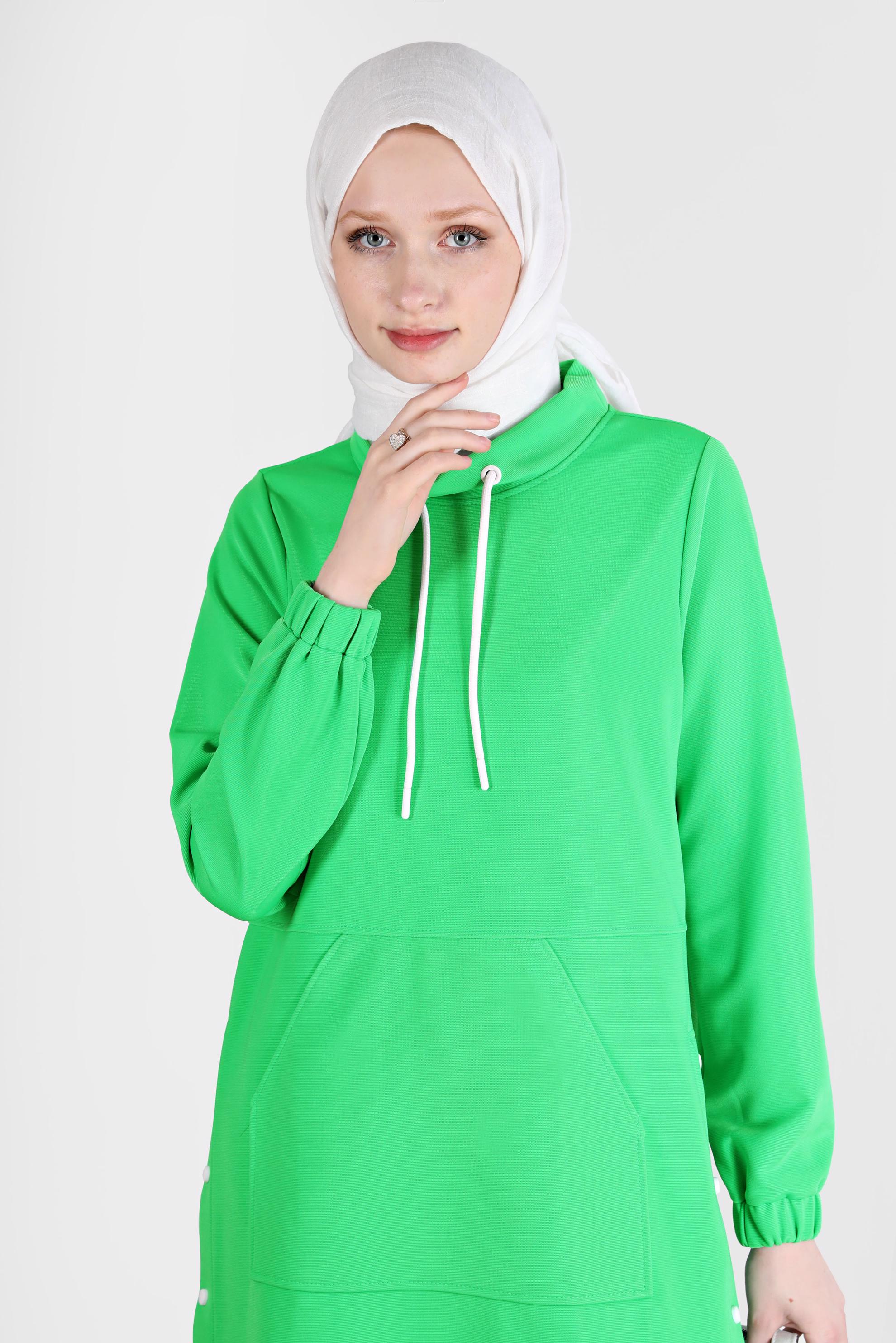 Tesettür giyim YEŞİL ÇITÇIT DETAYLI CEPLİ EŞOFMAN TUNİK 42743 