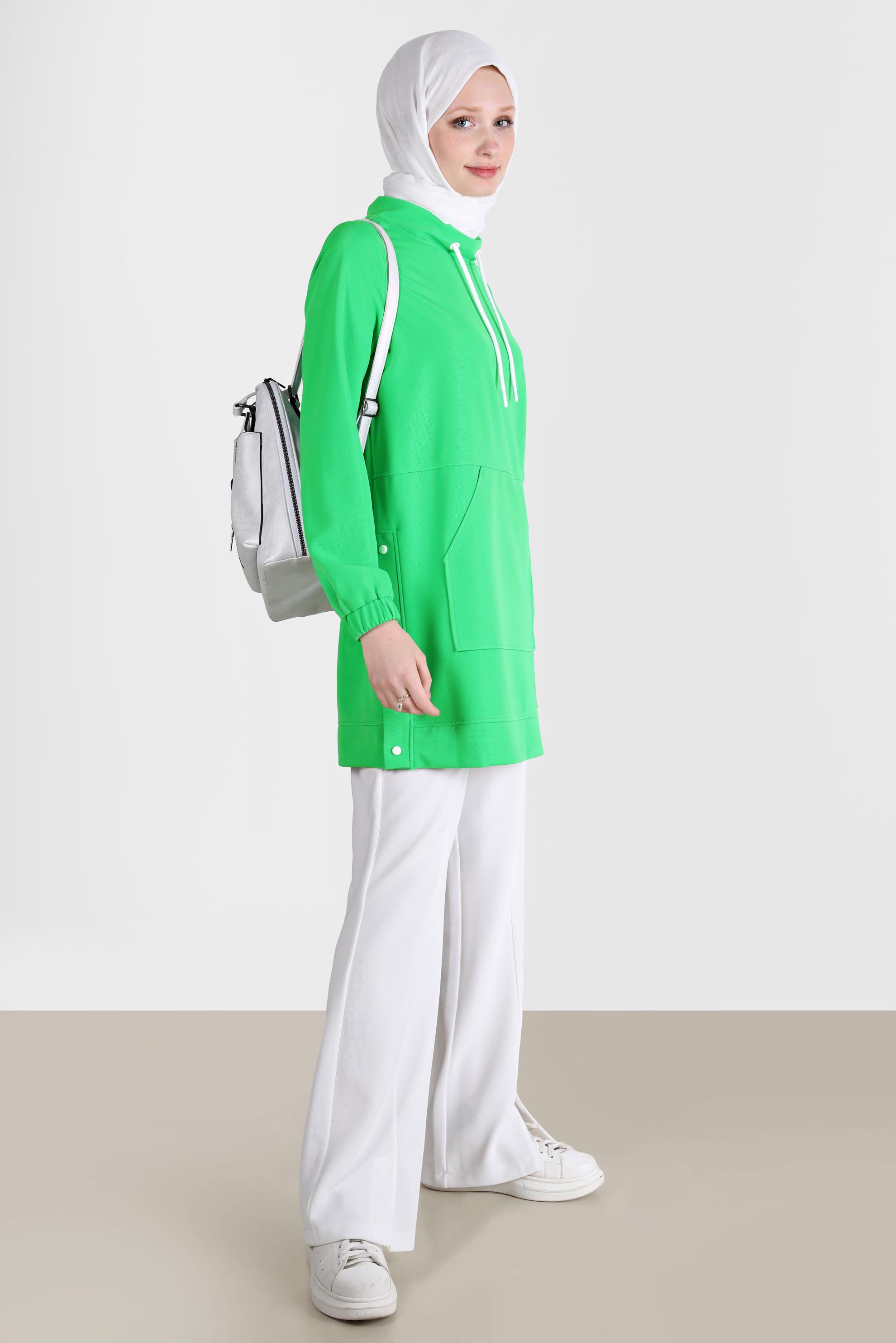 Tesettür giyim YEŞİL ÇITÇIT DETAYLI CEPLİ EŞOFMAN TUNİK 42743 