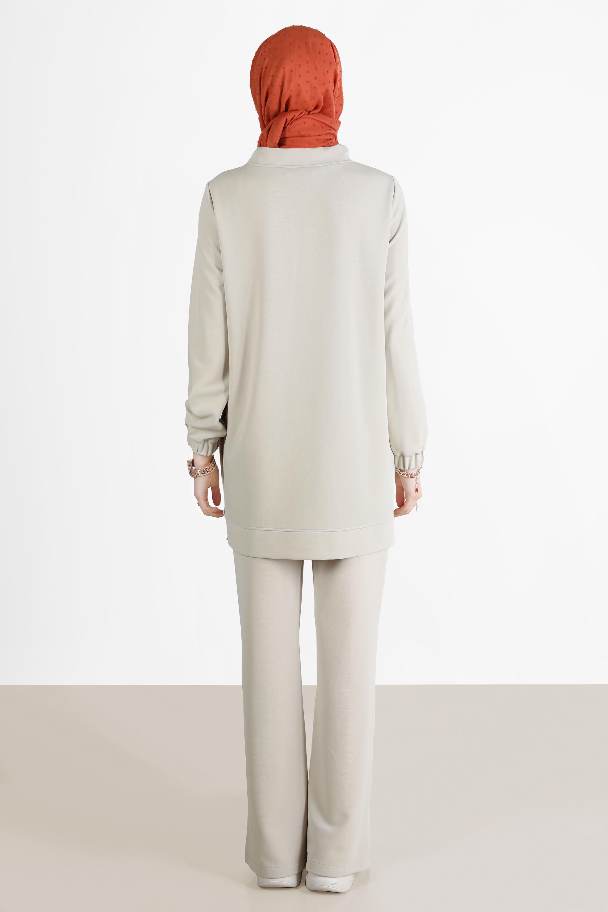 Tesettür giyim BEJ ÇITÇIT DETAYLI CEPLİ EŞOFMAN TUNİK 42743 