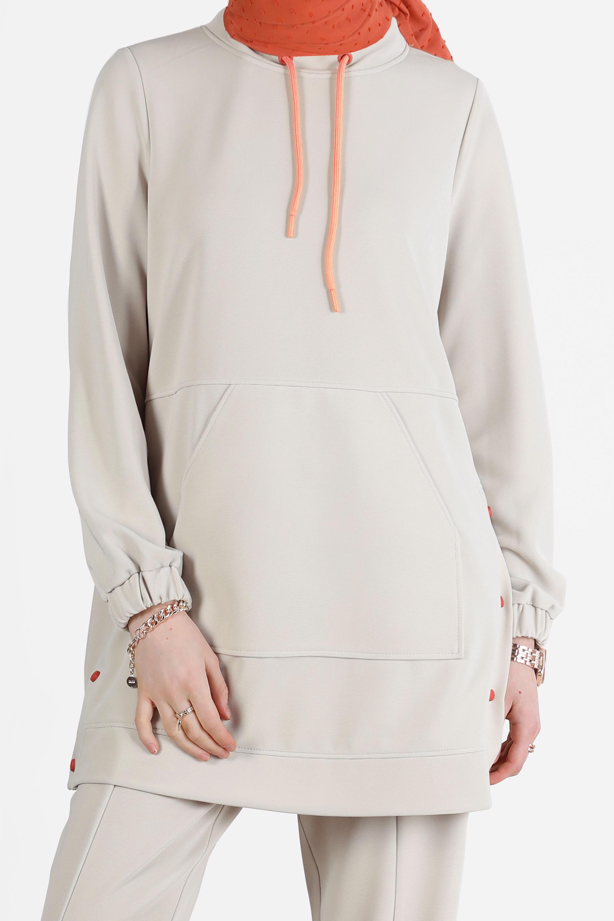 Tesettür giyim BEJ ÇITÇIT DETAYLI CEPLİ EŞOFMAN TUNİK 42743 