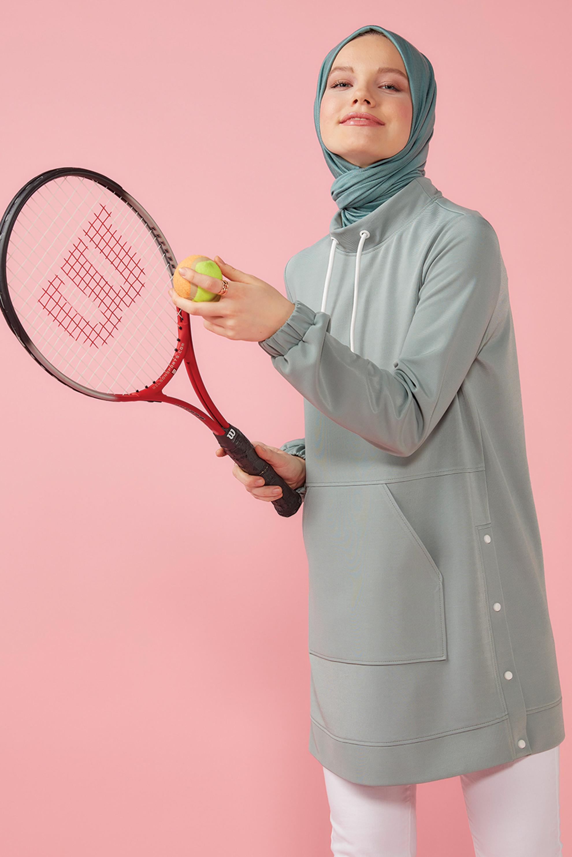 Tesettür giyim MAVİ ÇITÇIT DETAYLI CEPLİ EŞOFMAN TUNİK 42743 