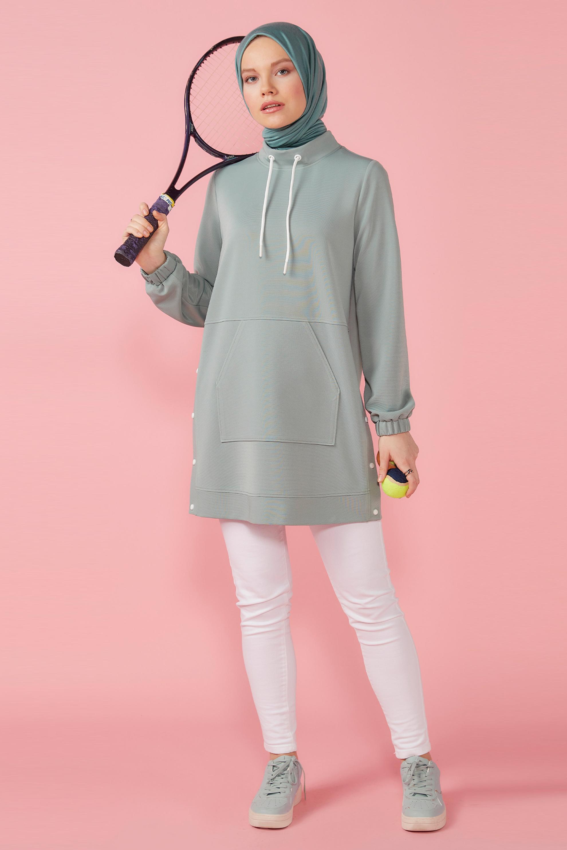 Tesettür giyim MAVİ ÇITÇIT DETAYLI CEPLİ EŞOFMAN TUNİK 42743 