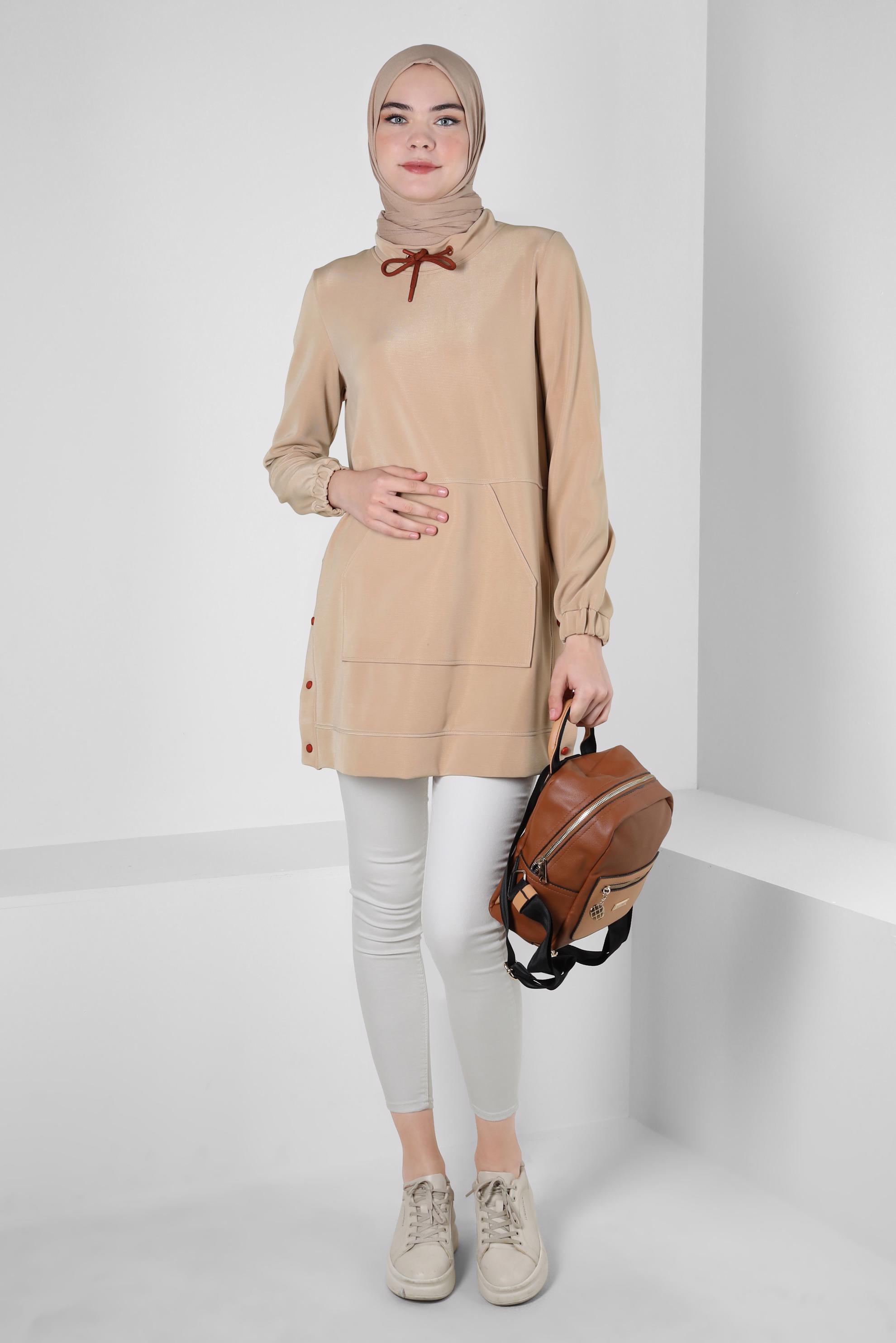 Tesettür giyim KUM ÇITÇIT DETAYLI CEPLİ EŞOFMAN TUNİK 42743 