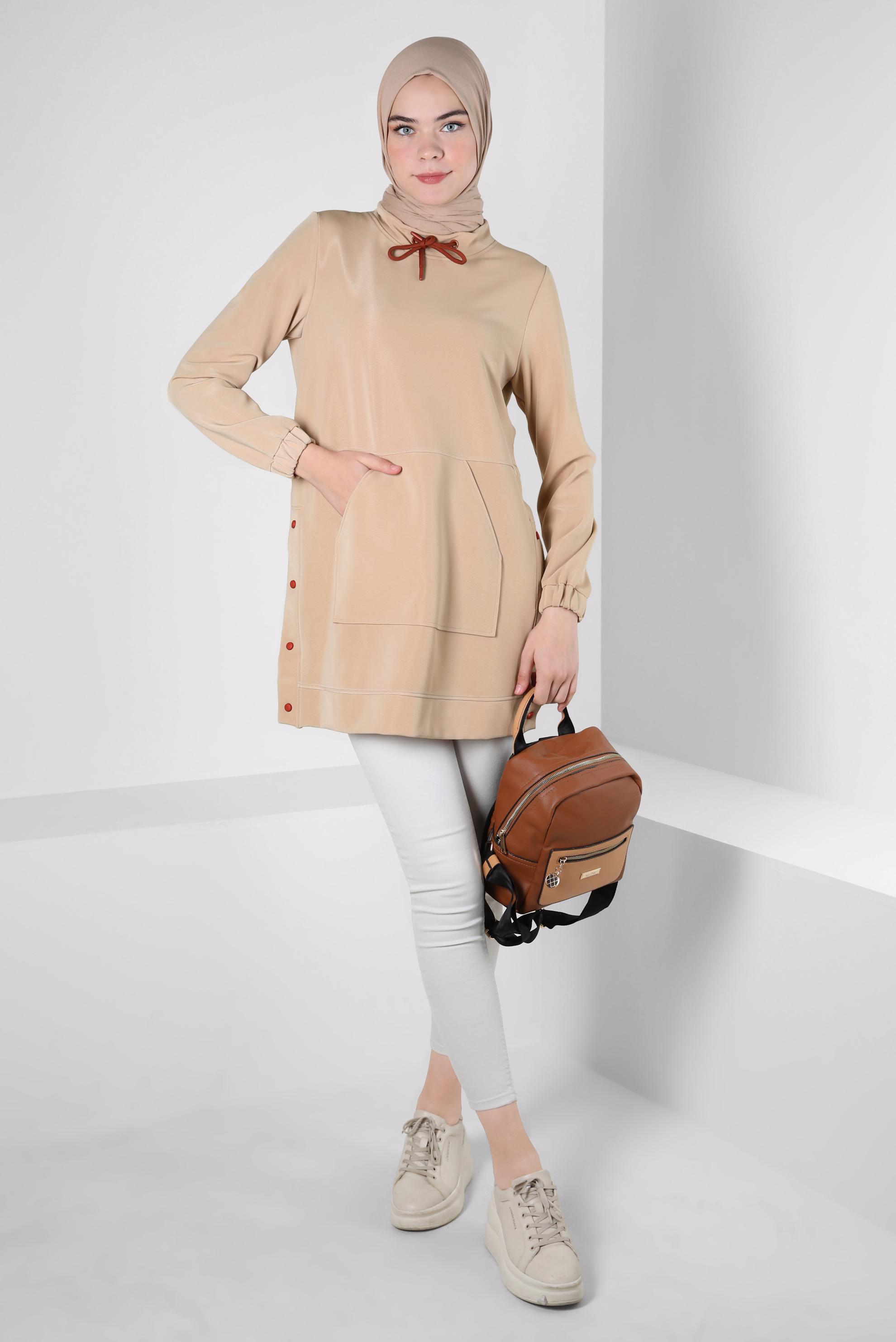 Tesettür giyim KUM ÇITÇIT DETAYLI CEPLİ EŞOFMAN TUNİK 42743 