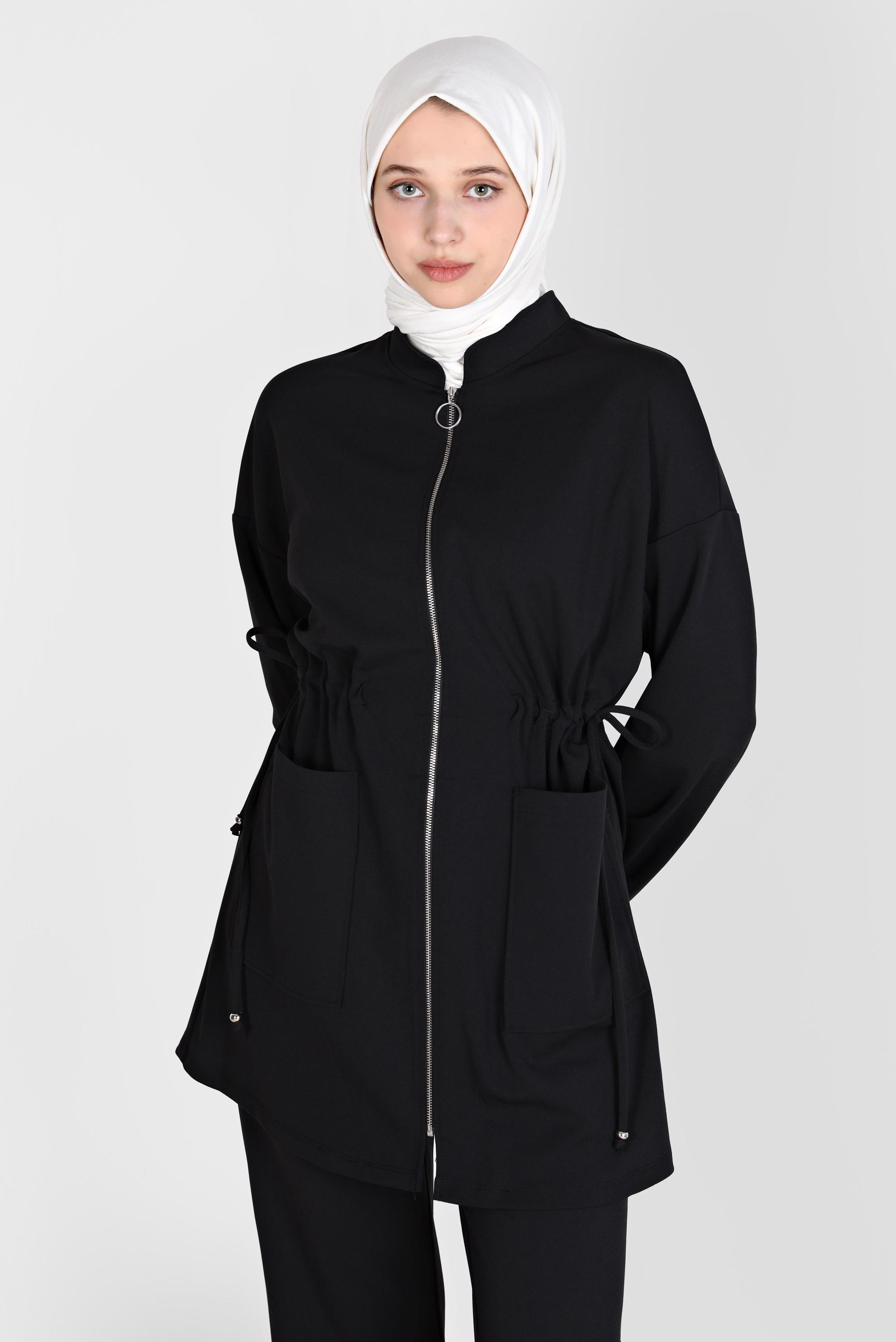 Tesettür giyim SİYAH BELİ BÜZGÜLÜ İKİLİ PANT. EŞOFMAN TAKIM 42773 