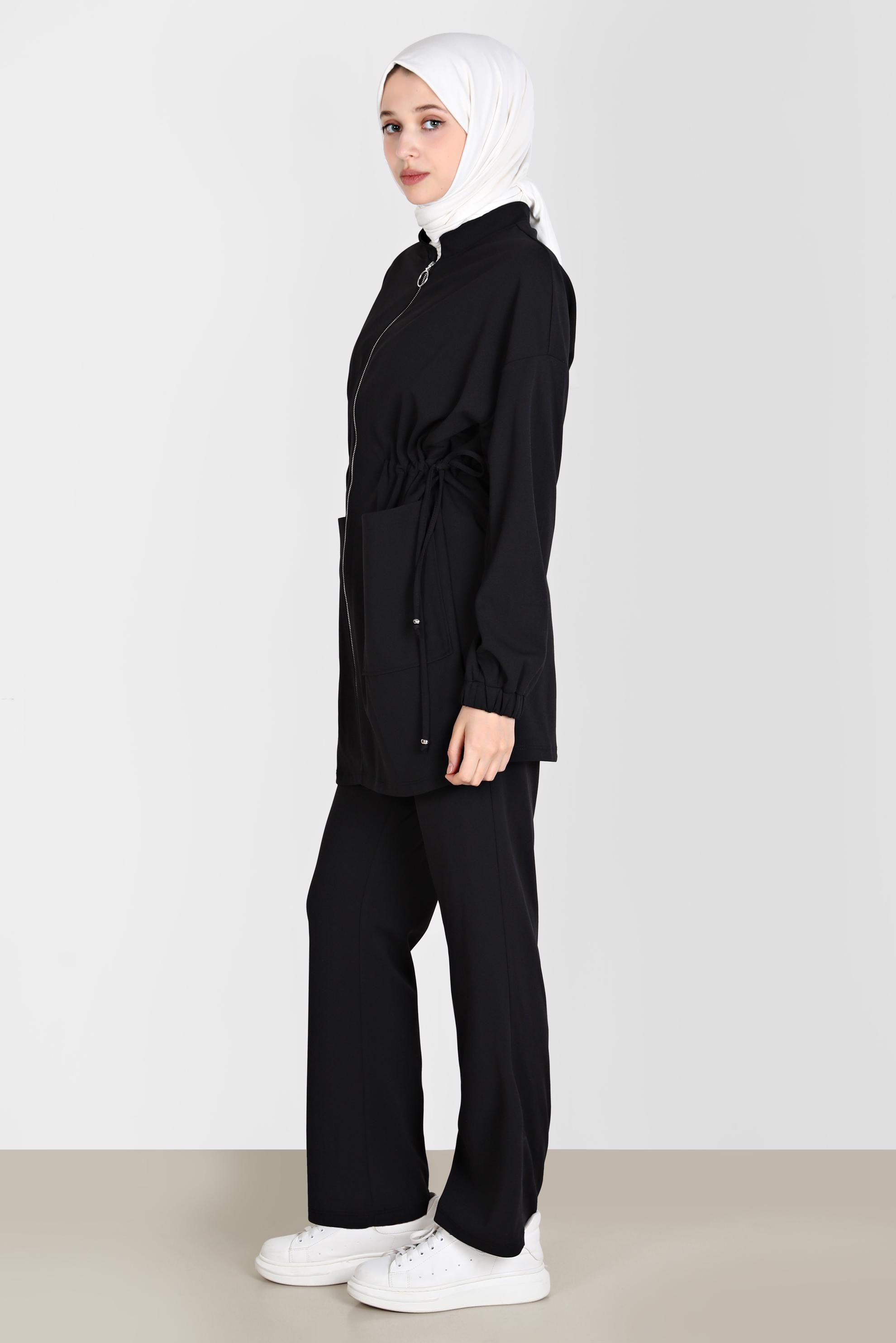Tesettür giyim SİYAH BELİ BÜZGÜLÜ İKİLİ PANT. EŞOFMAN TAKIM 42773 