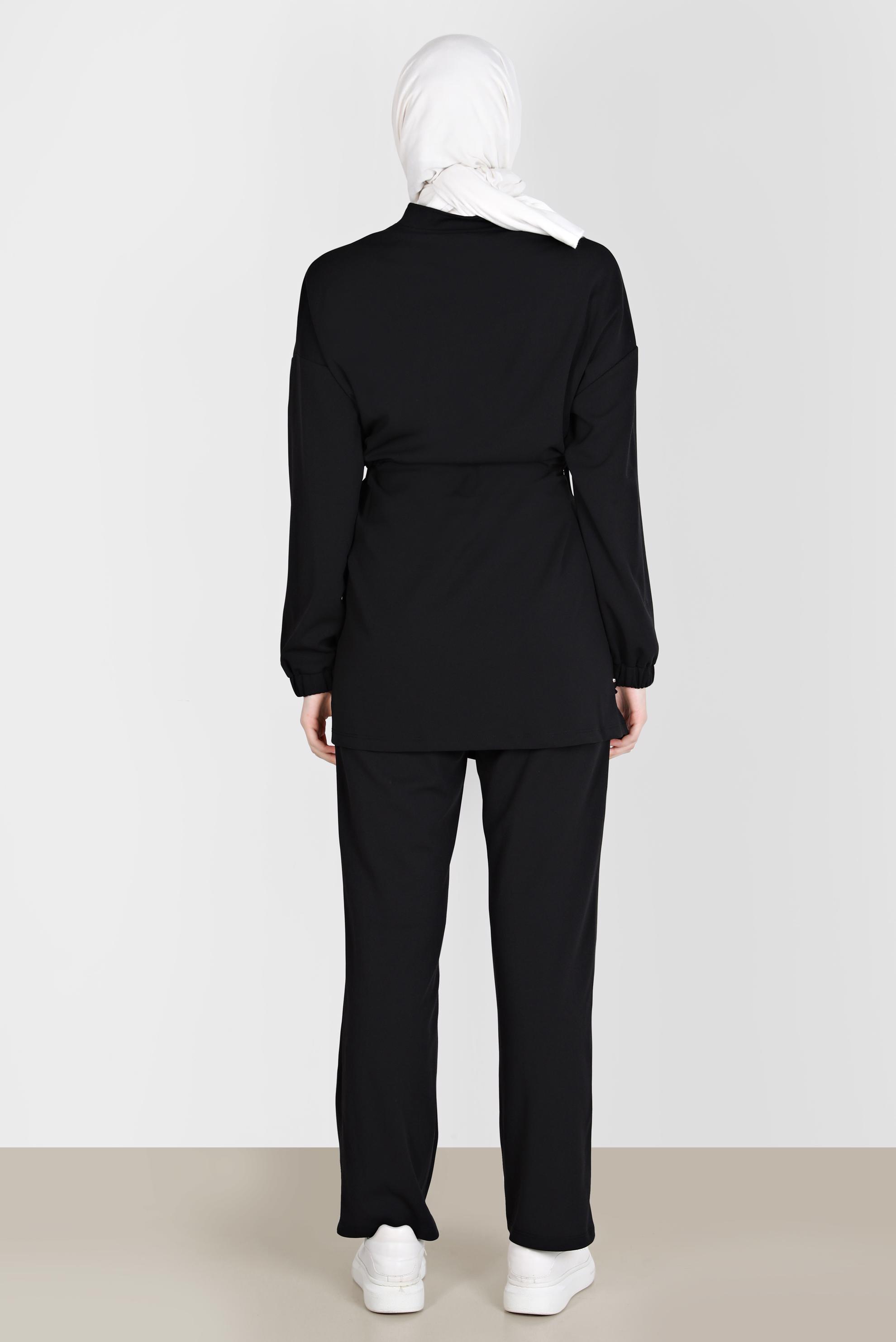 Tesettür giyim SİYAH BELİ BÜZGÜLÜ İKİLİ PANT. EŞOFMAN TAKIM 42773 