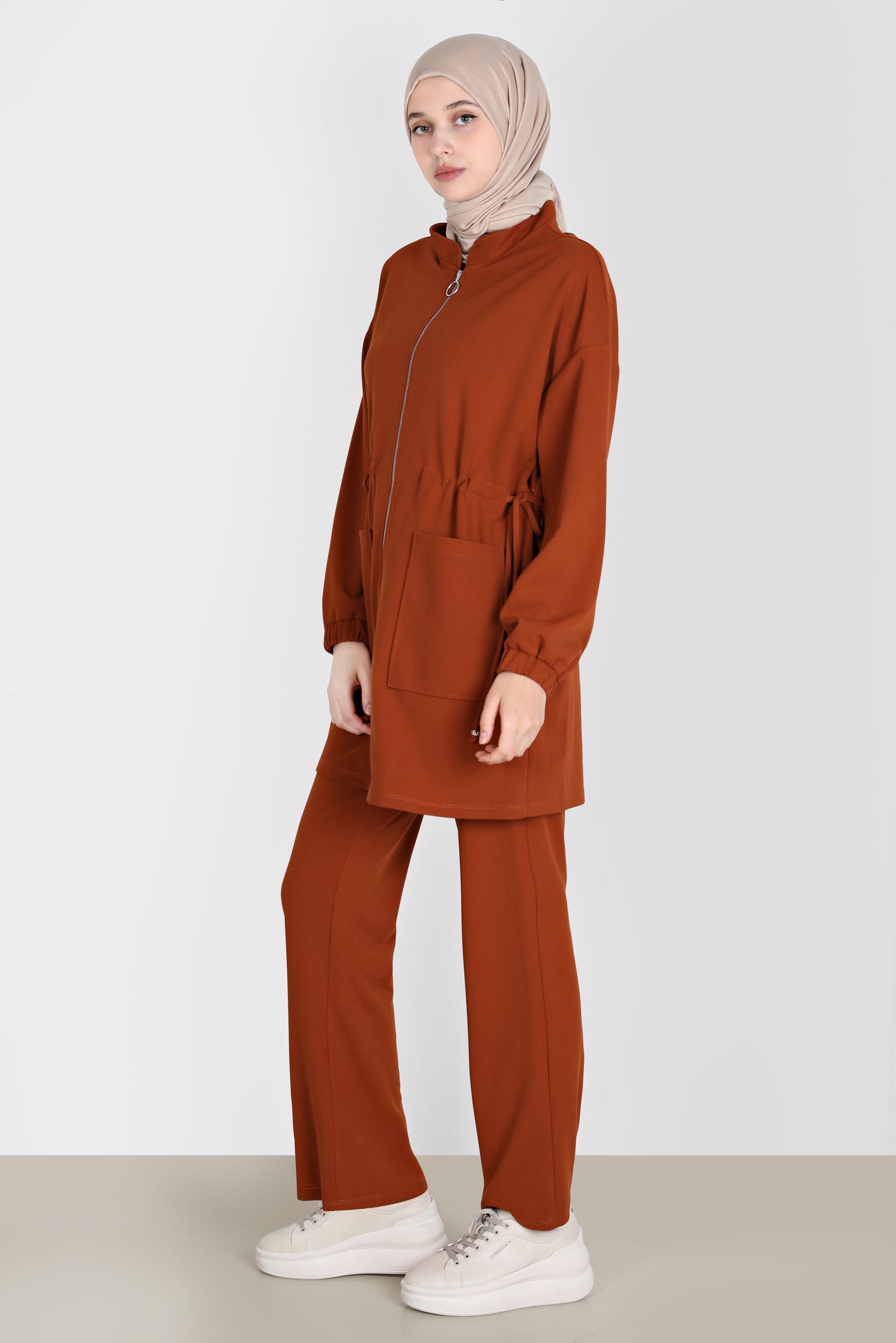 Tesettür giyim TURUNCU BELİ BÜZGÜLÜ İKİLİ PANT. EŞOFMAN TAKIM 42773 