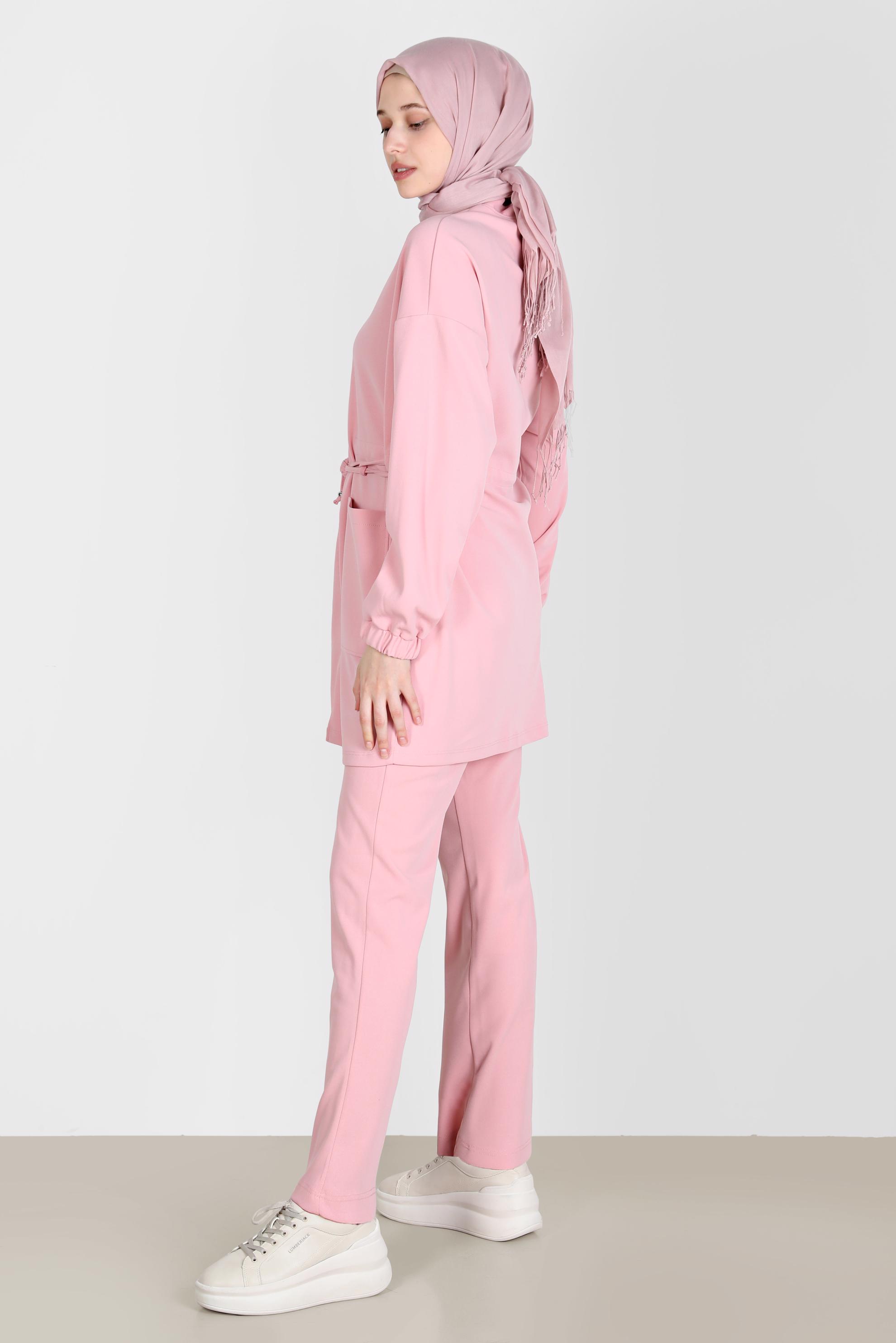 Tesettür giyim PUDRA BELİ BÜZGÜLÜ İKİLİ PANT. EŞOFMAN TAKIM 42773 