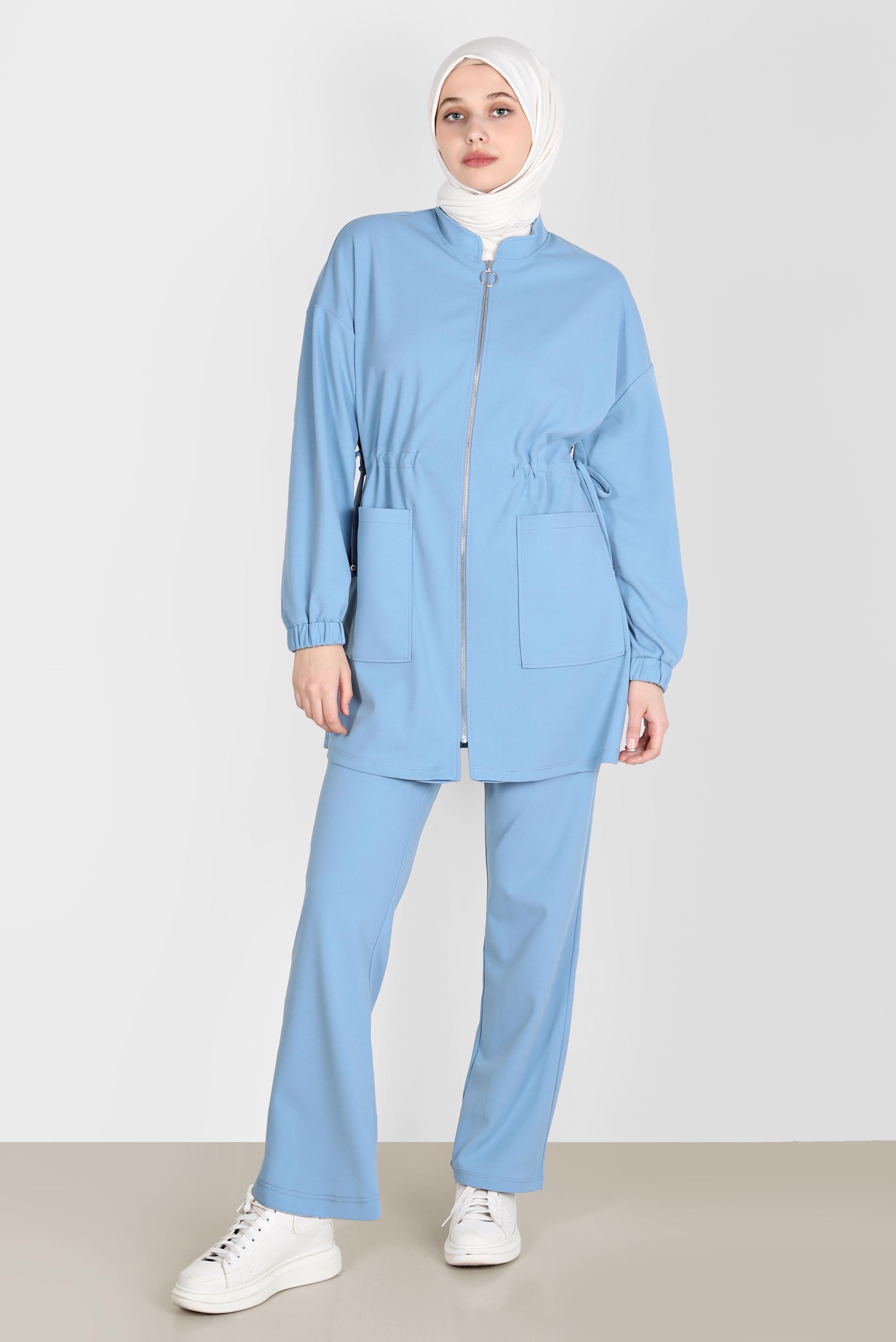 Tesettür giyim MAVİ BELİ BÜZGÜLÜ İKİLİ PANT. EŞOFMAN TAKIM 42773 