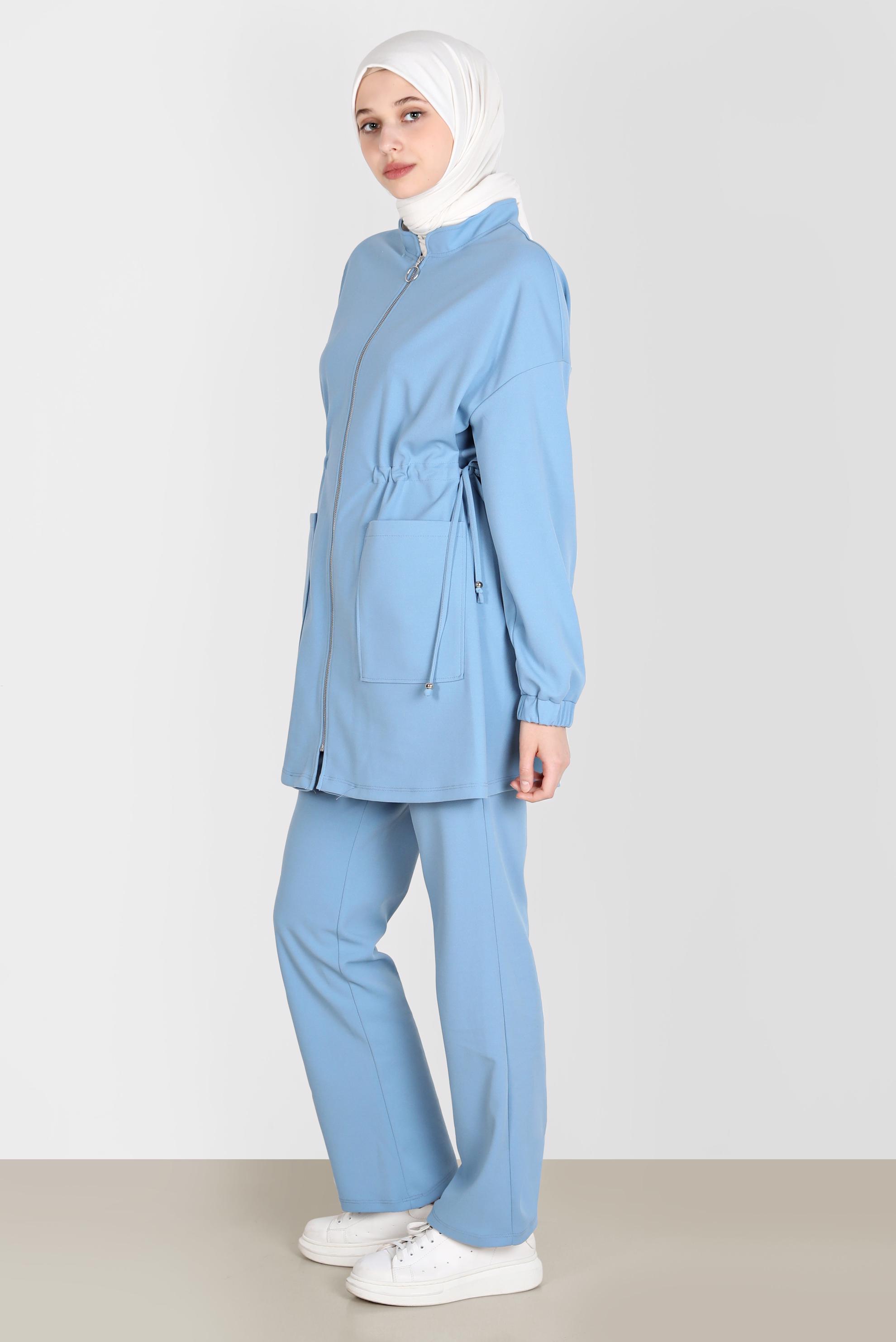 Tesettür giyim MAVİ BELİ BÜZGÜLÜ İKİLİ PANT. EŞOFMAN TAKIM 42773 