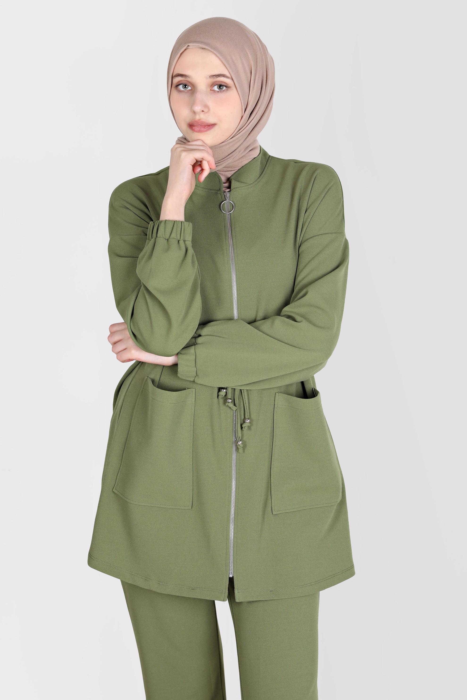 Tesettür giyim YEŞİL BELİ BÜZGÜLÜ İKİLİ PANT. EŞOFMAN TAKIM 42773 