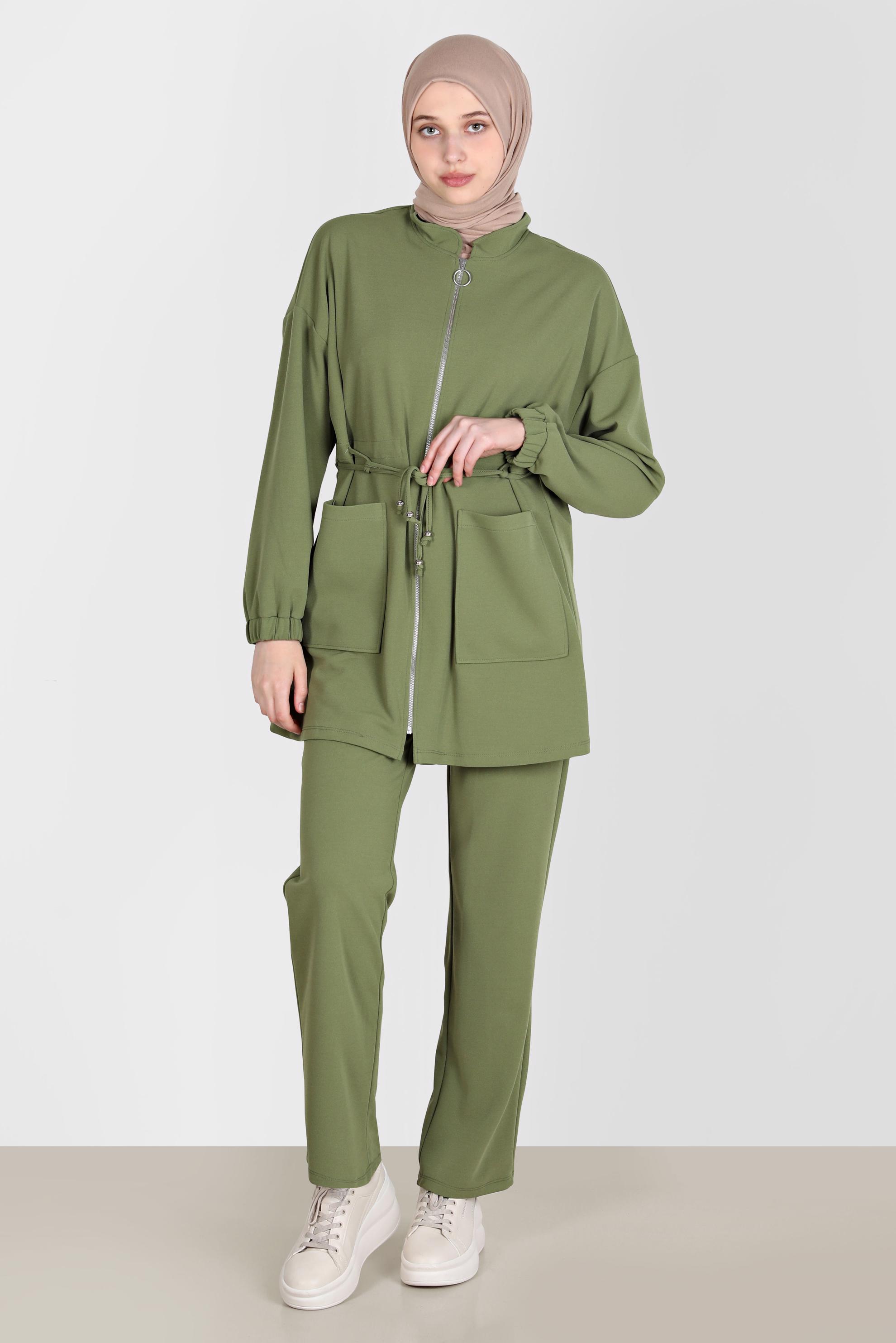 Tesettür giyim YEŞİL BELİ BÜZGÜLÜ İKİLİ PANT. EŞOFMAN TAKIM 42773 