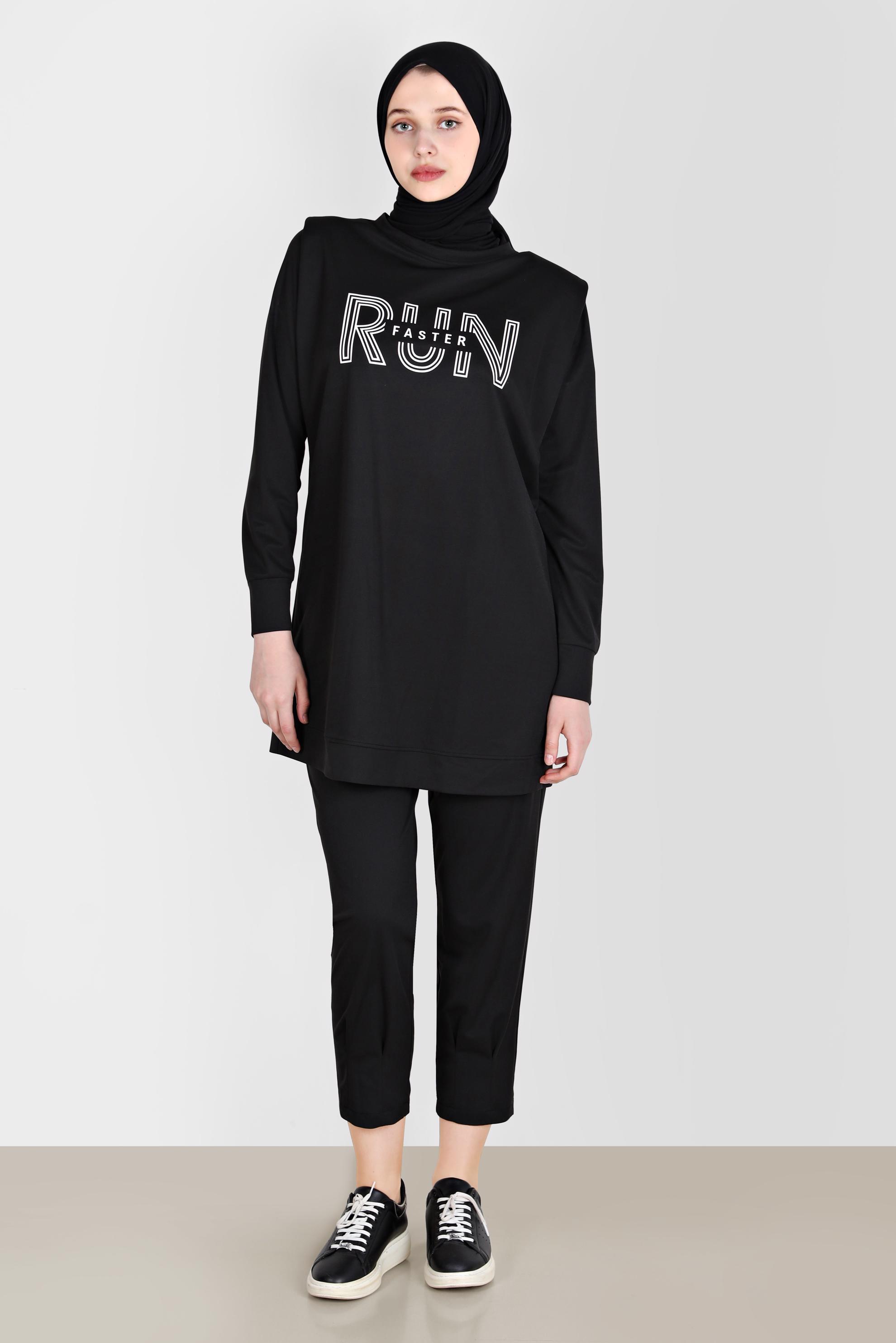 Tesettür giyim SİYAH BASKI DETAYLI İKİLİ PANT. EŞOFMAN TAKIM 42774 