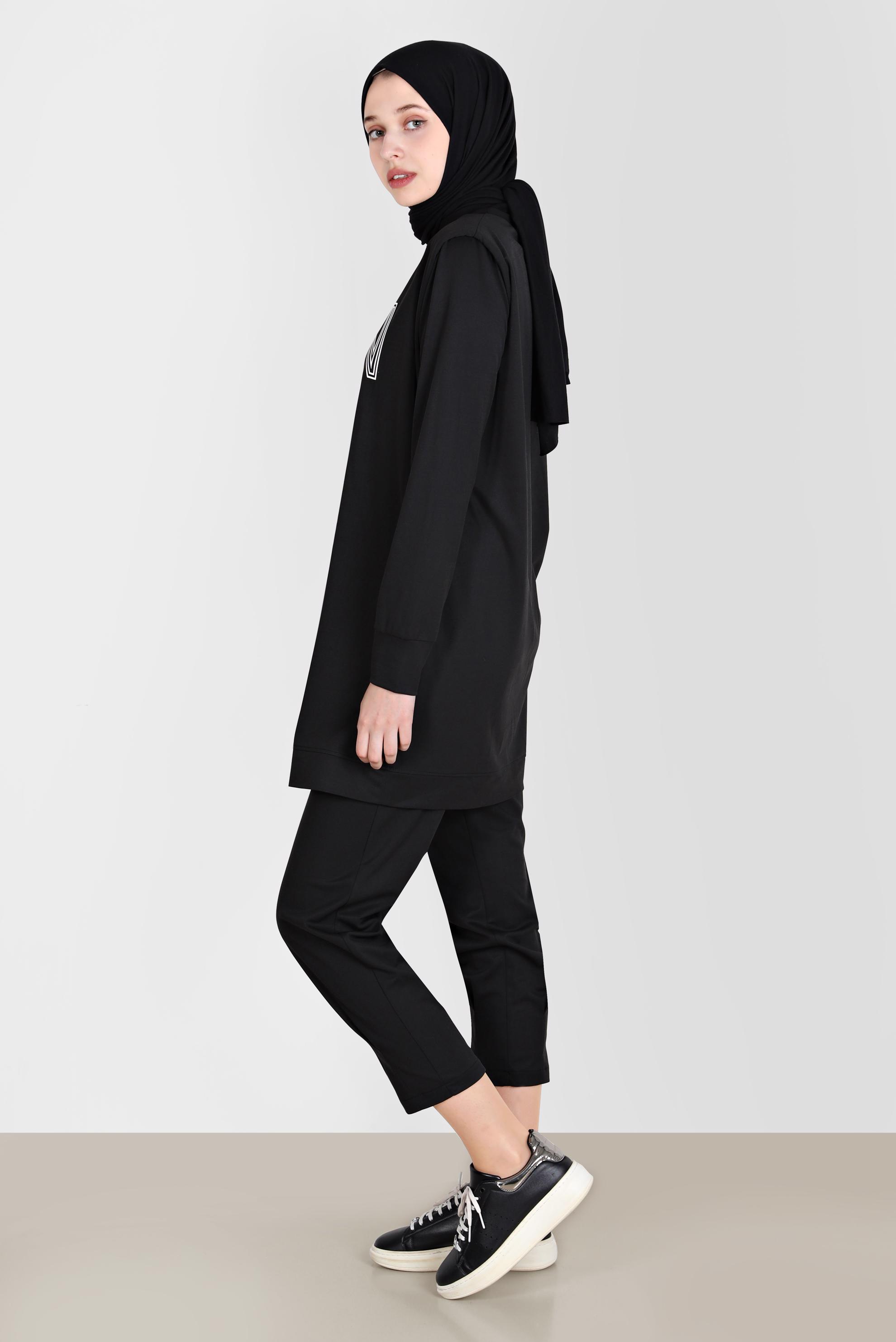 Tesettür giyim SİYAH BASKI DETAYLI İKİLİ PANT. EŞOFMAN TAKIM 42774 