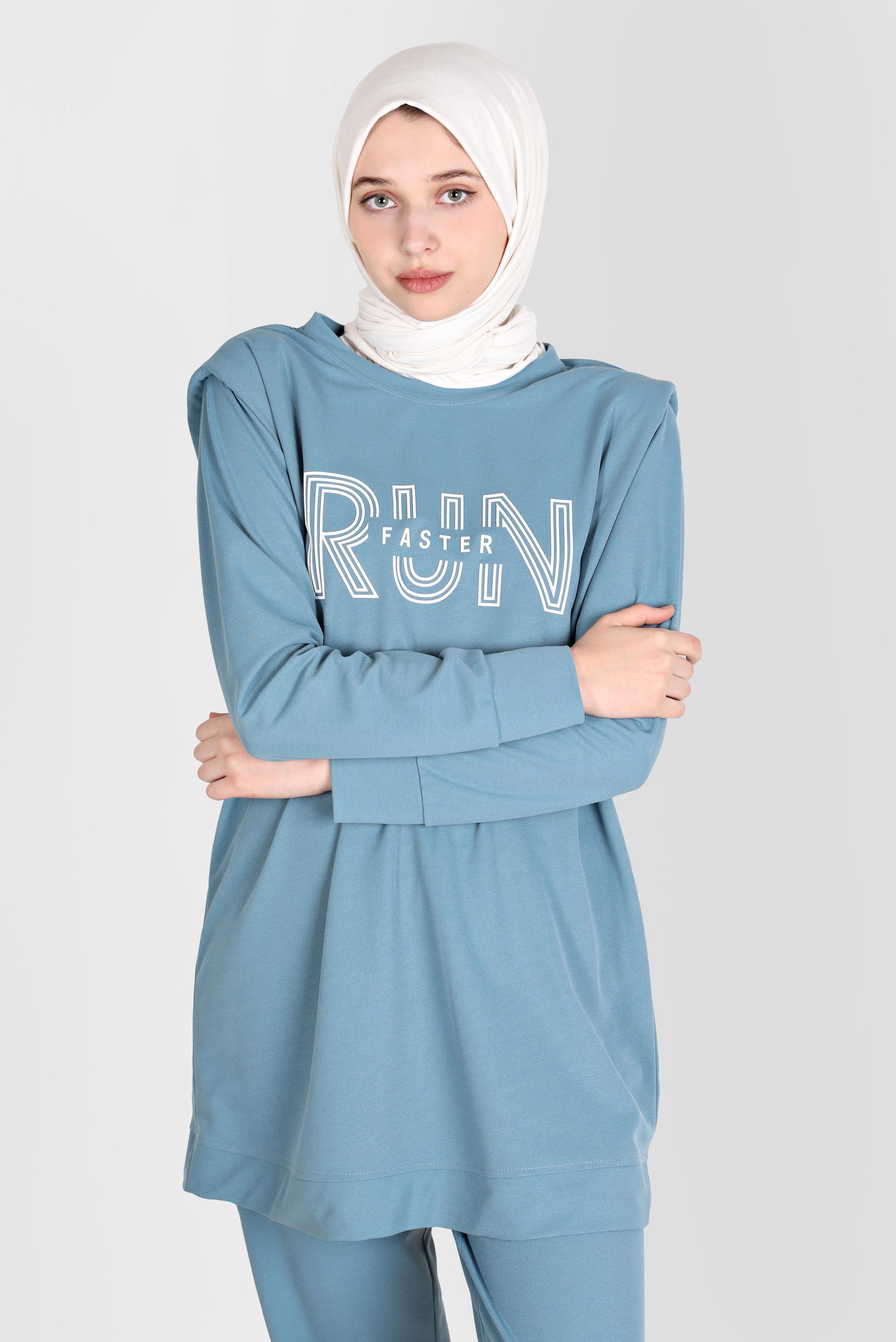 Tesettür giyim MAVİ BASKI DETAYLI İKİLİ PANT. EŞOFMAN TAKIM 42774 