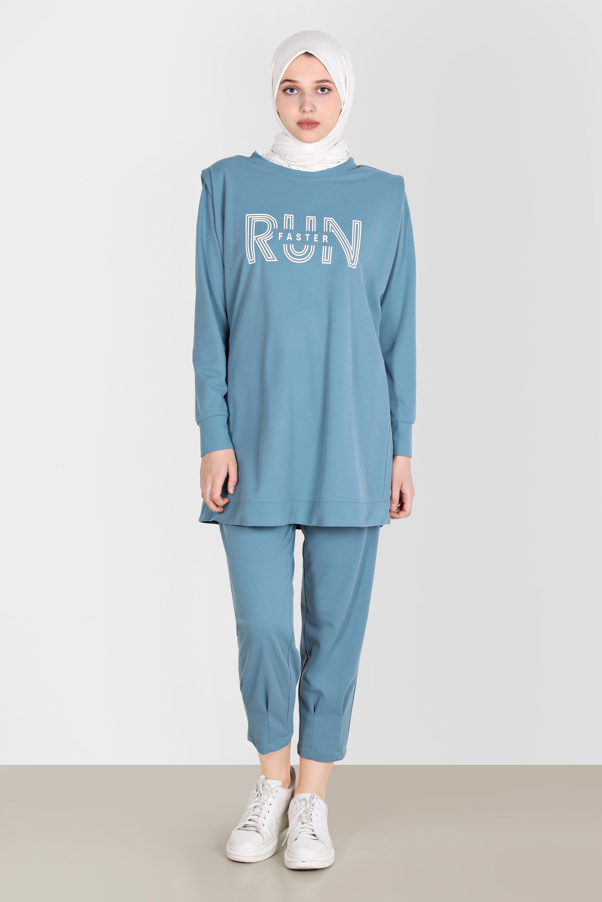 Tesettür giyim MAVİ BASKI DETAYLI İKİLİ PANT. EŞOFMAN TAKIM 42774 