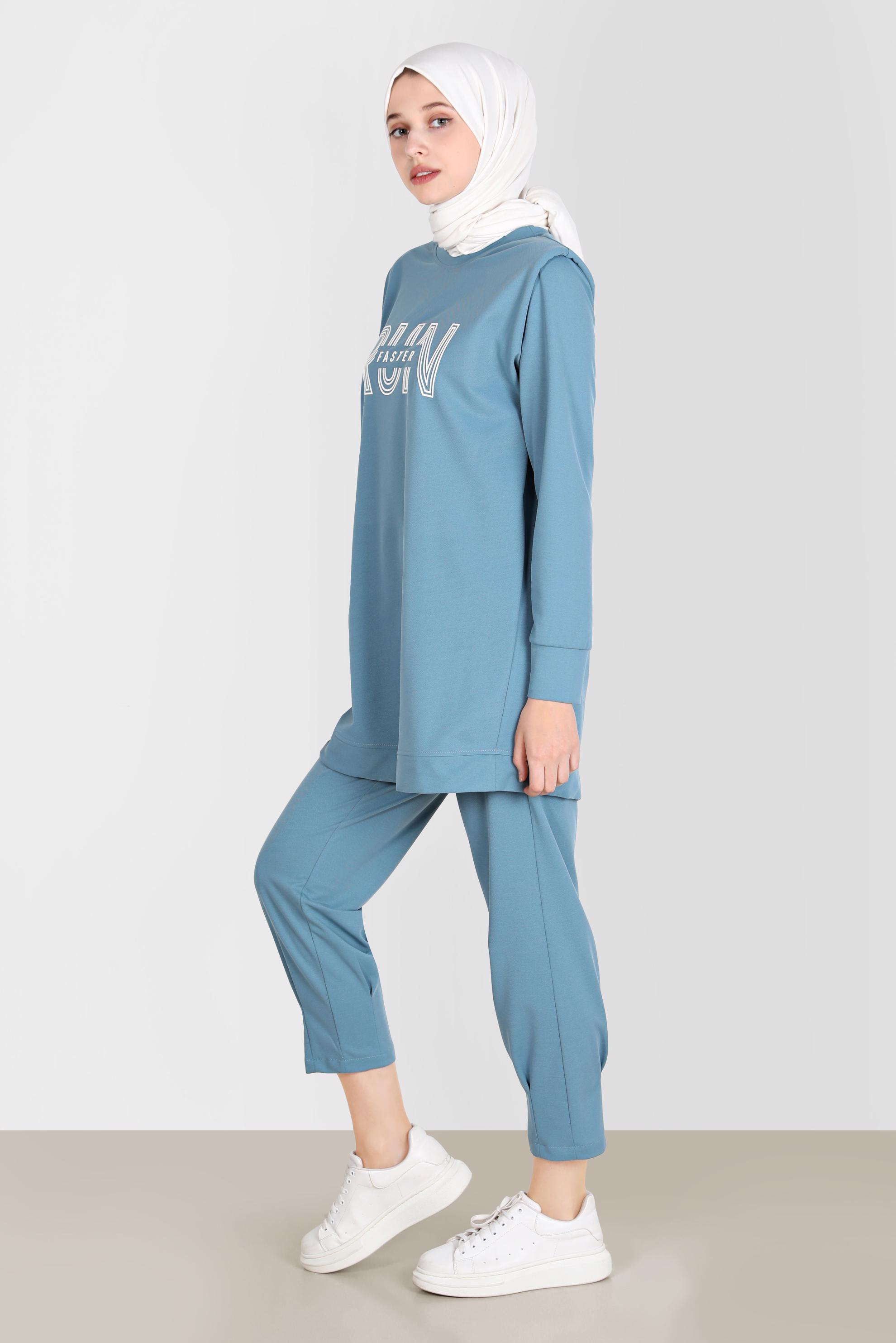 Tesettür giyim MAVİ BASKI DETAYLI İKİLİ PANT. EŞOFMAN TAKIM 42774 