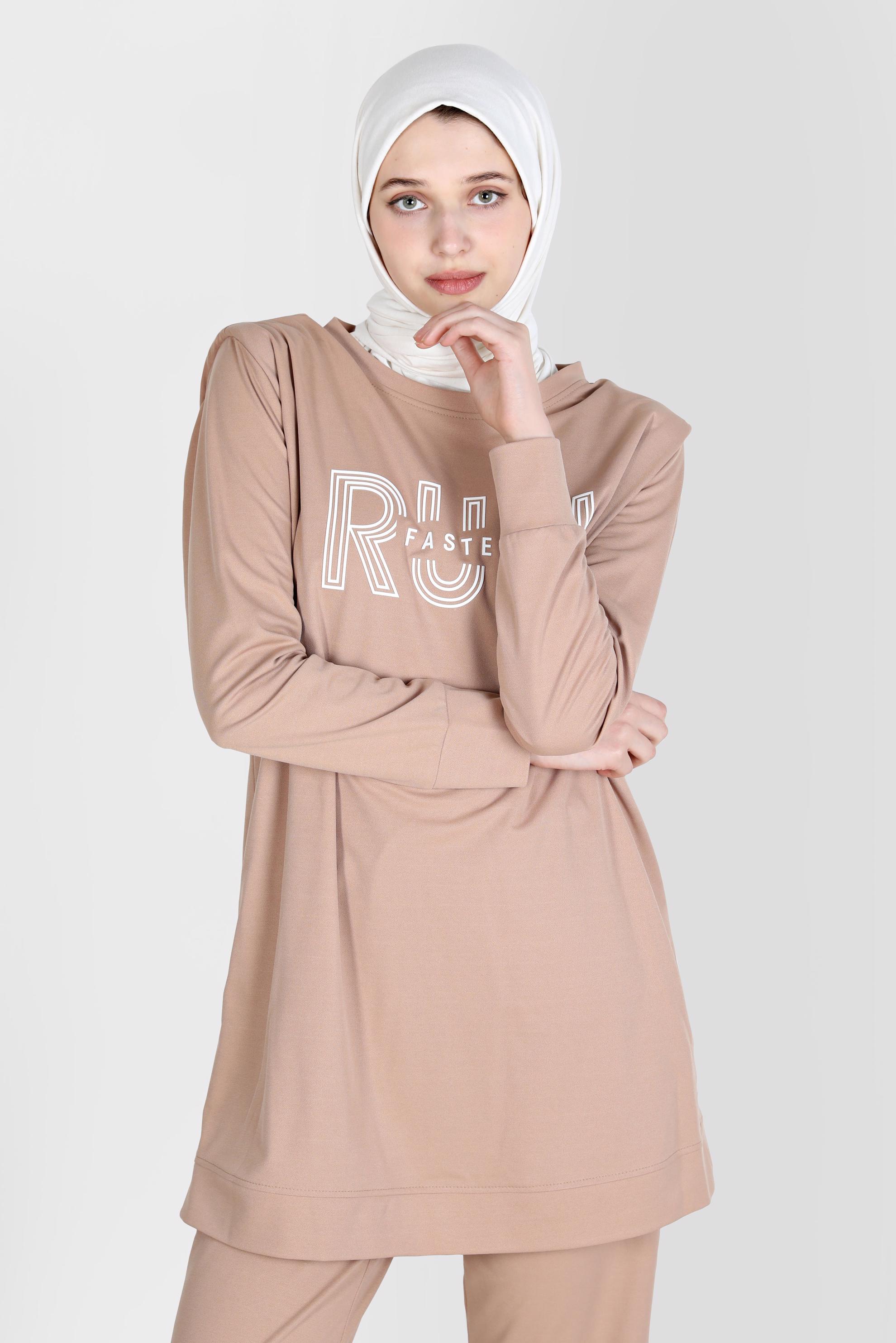 Tesettür giyim KAHVE BASKI DETAYLI İKİLİ PANT. EŞOFMAN TAKIM 42774 