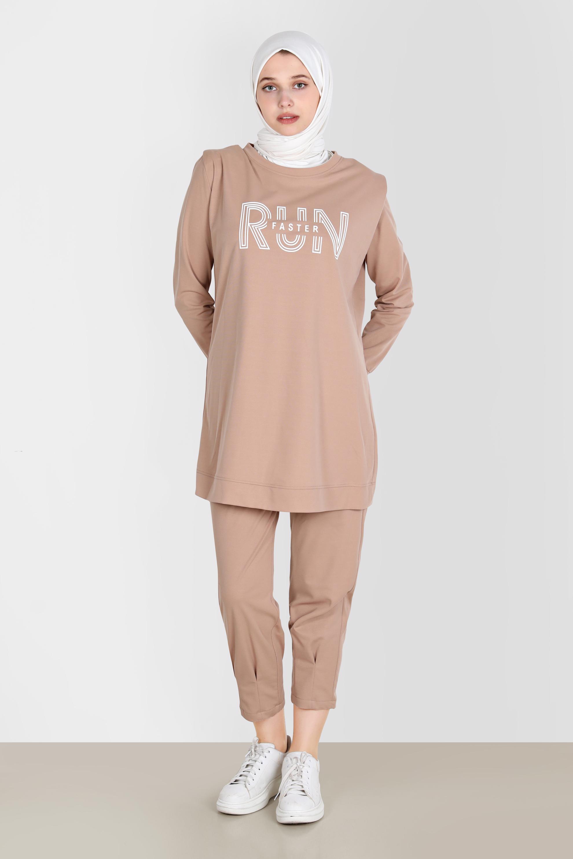 Tesettür giyim KAHVE BASKI DETAYLI İKİLİ PANT. EŞOFMAN TAKIM 42774 