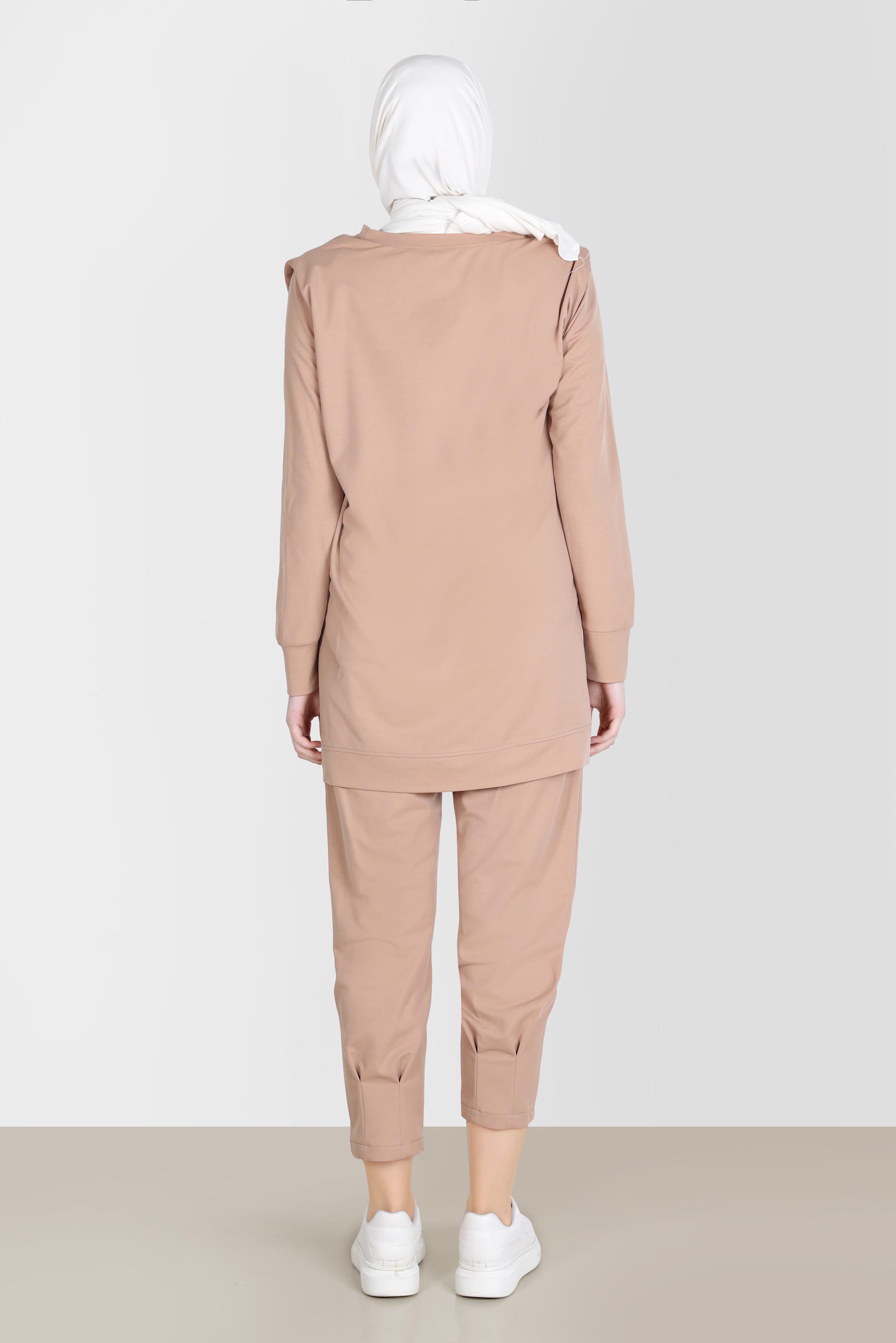 Tesettür giyim KAHVE BASKI DETAYLI İKİLİ PANT. EŞOFMAN TAKIM 42774 