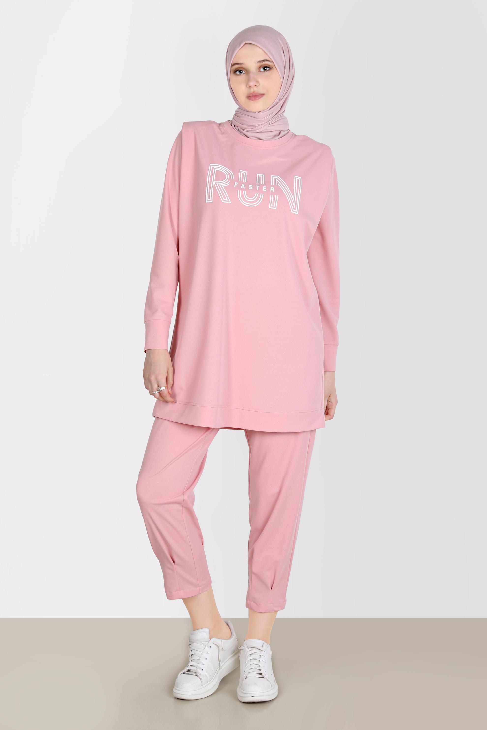 Tesettür giyim PUDRA BASKI DETAYLI İKİLİ PANT. EŞOFMAN TAKIM 42774 