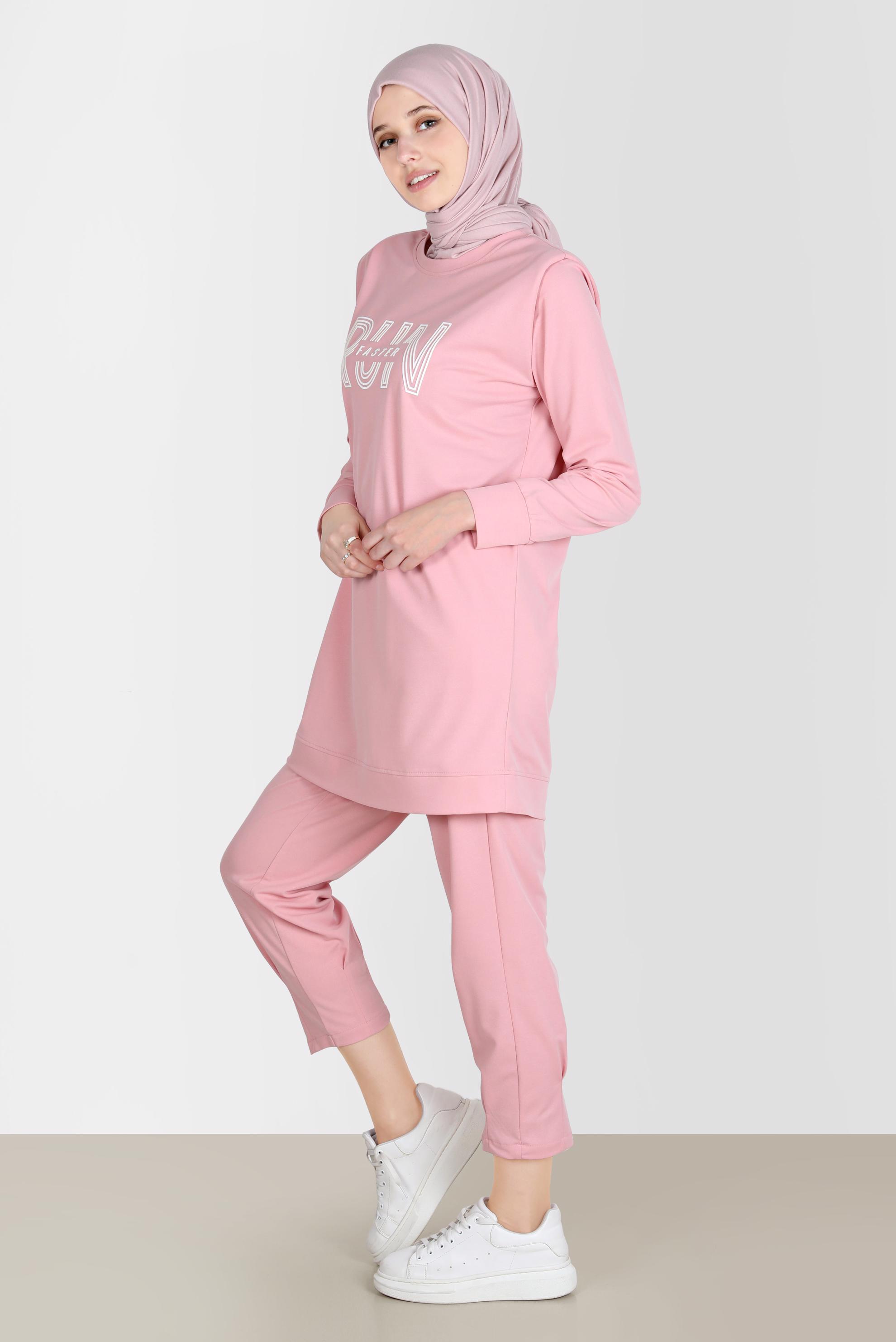 Tesettür giyim PUDRA BASKI DETAYLI İKİLİ PANT. EŞOFMAN TAKIM 42774 