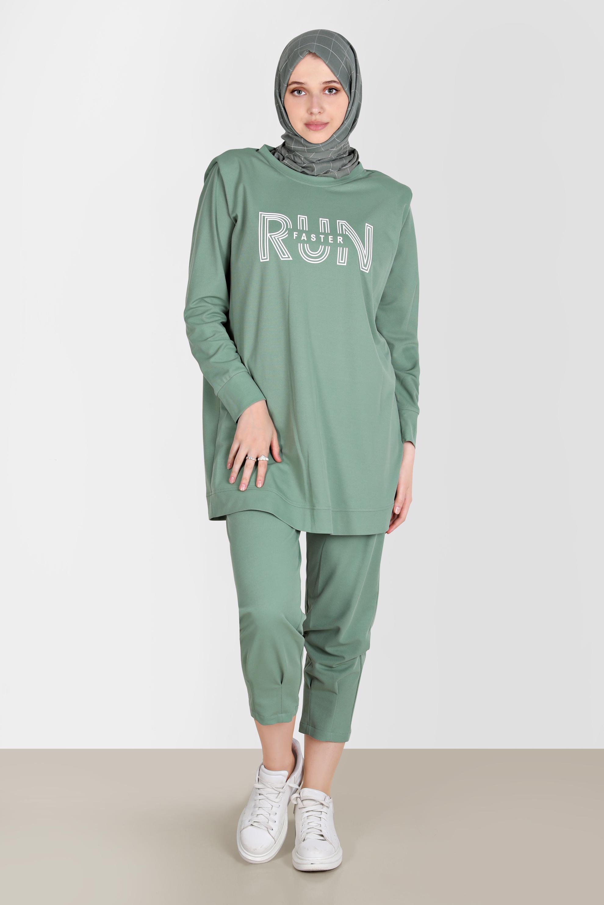 Tesettür giyim YEŞİL BASKI DETAYLI İKİLİ PANT. EŞOFMAN TAKIM 42774 