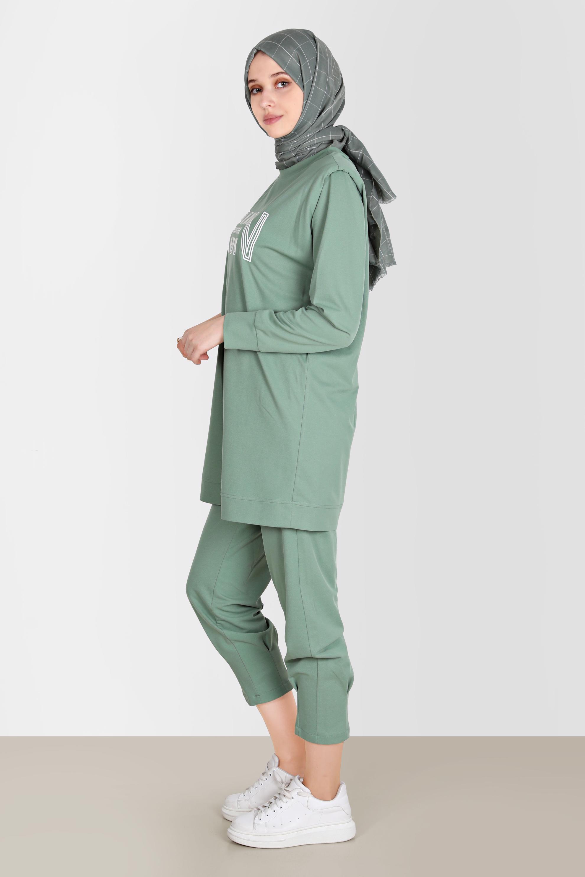 Tesettür giyim YEŞİL BASKI DETAYLI İKİLİ PANT. EŞOFMAN TAKIM 42774 