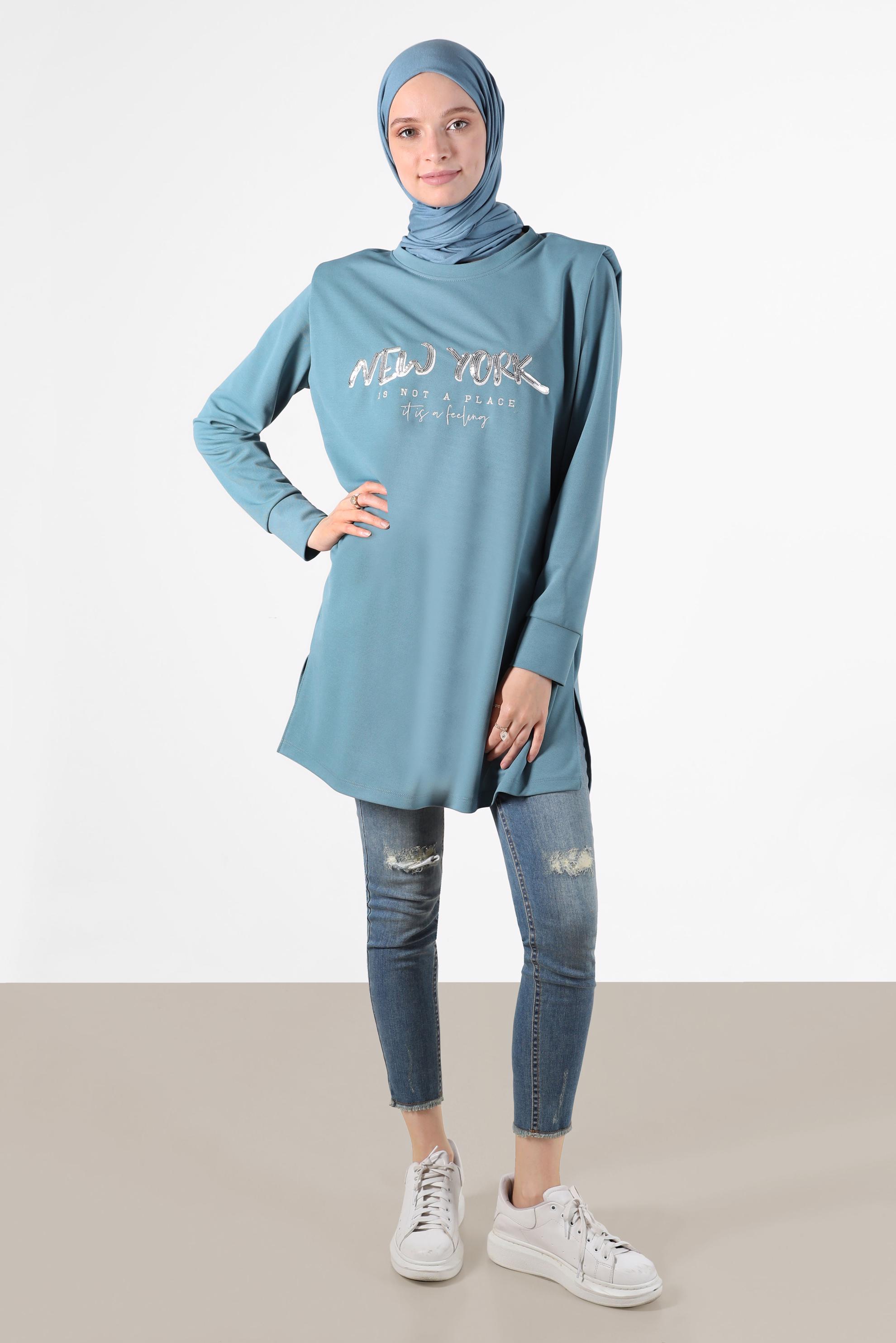 Tesettür giyim MAVİ BASKILI VATKALI EŞOFMAN TUNİK 42776
