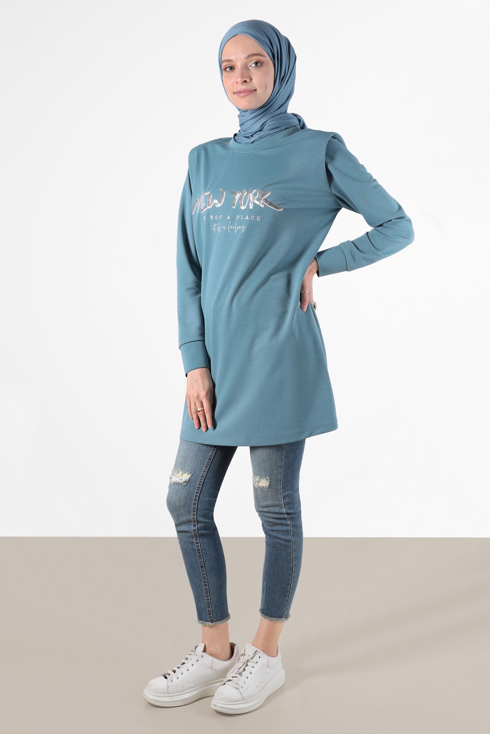 Tesettür giyim MAVİ BASKILI VATKALI EŞOFMAN TUNİK 42776