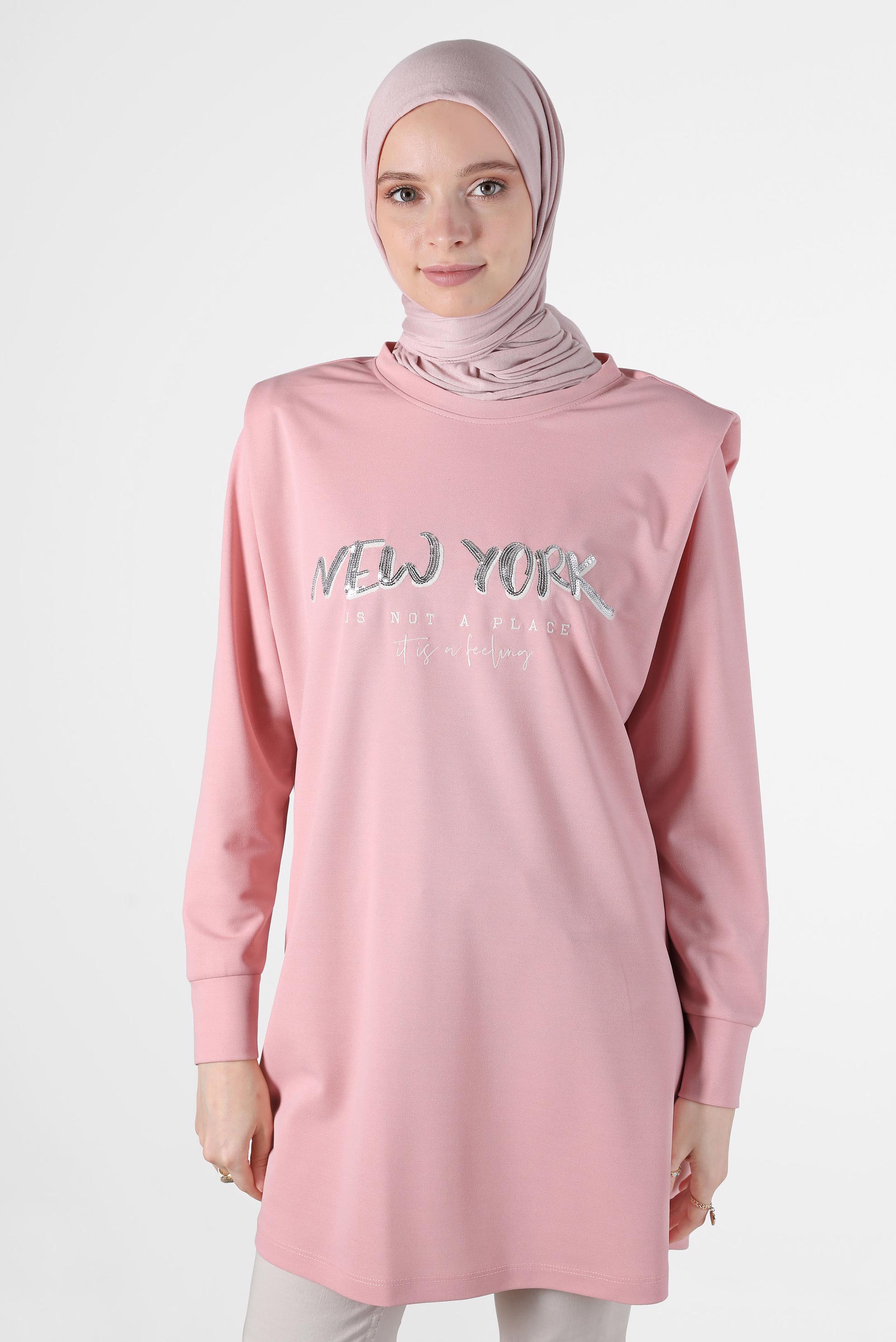 Tesettür giyim PUDRA BASKILI VATKALI EŞOFMAN TUNİK 42776