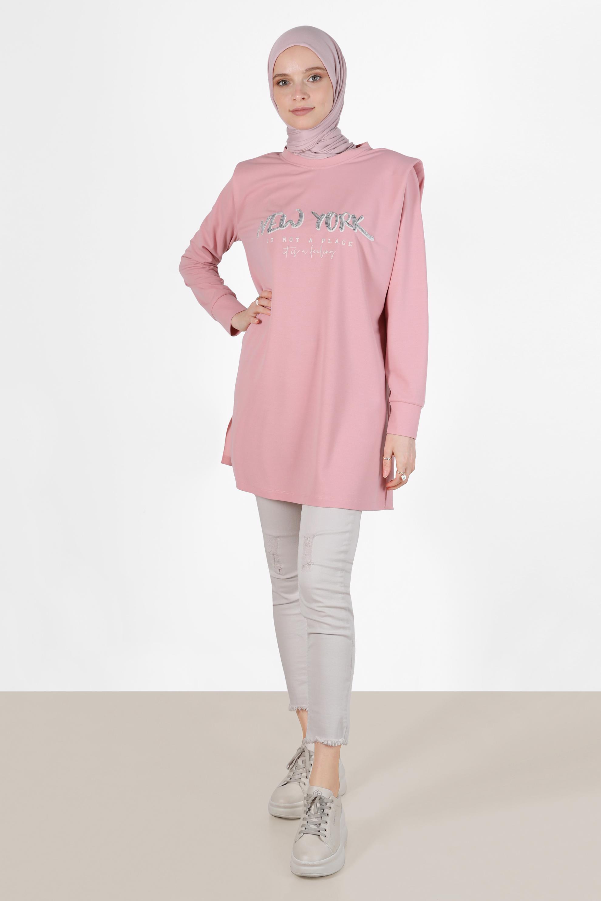 Tesettür giyim PUDRA BASKILI VATKALI EŞOFMAN TUNİK 42776
