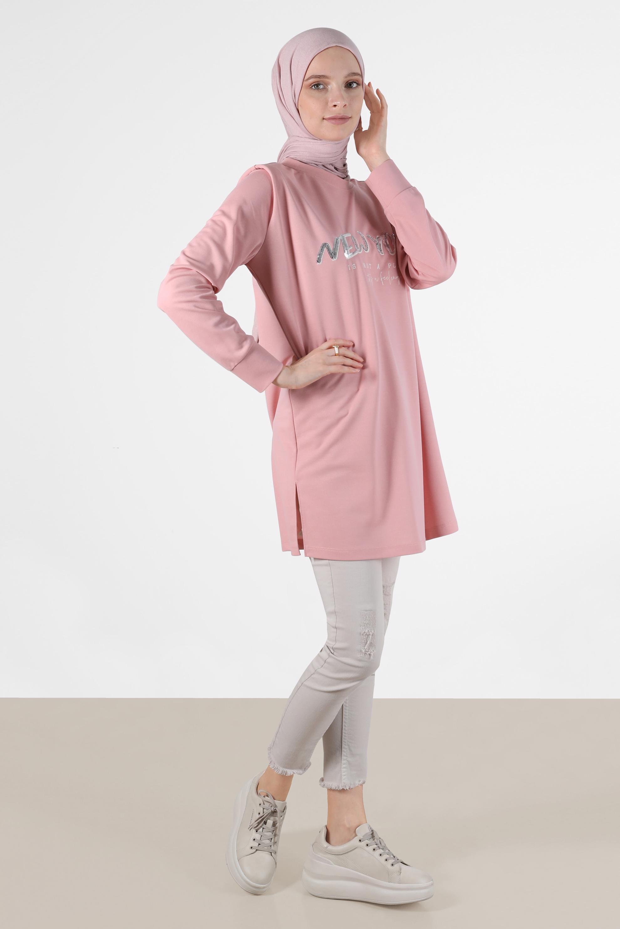 Tesettür giyim PUDRA BASKILI VATKALI EŞOFMAN TUNİK 42776
