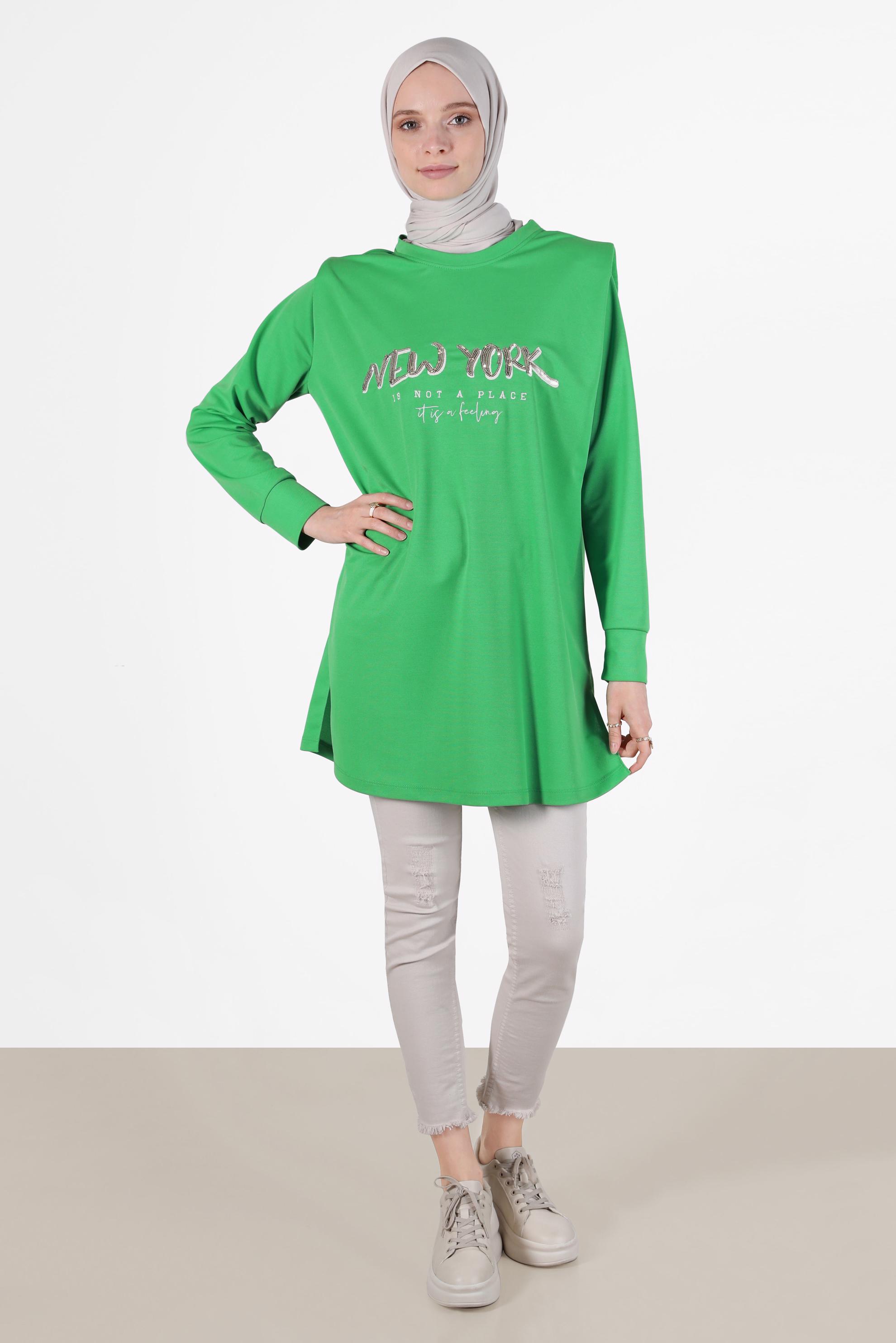 Tesettür giyim YEŞİL BASKILI VATKALI EŞOFMAN TUNİK 42776