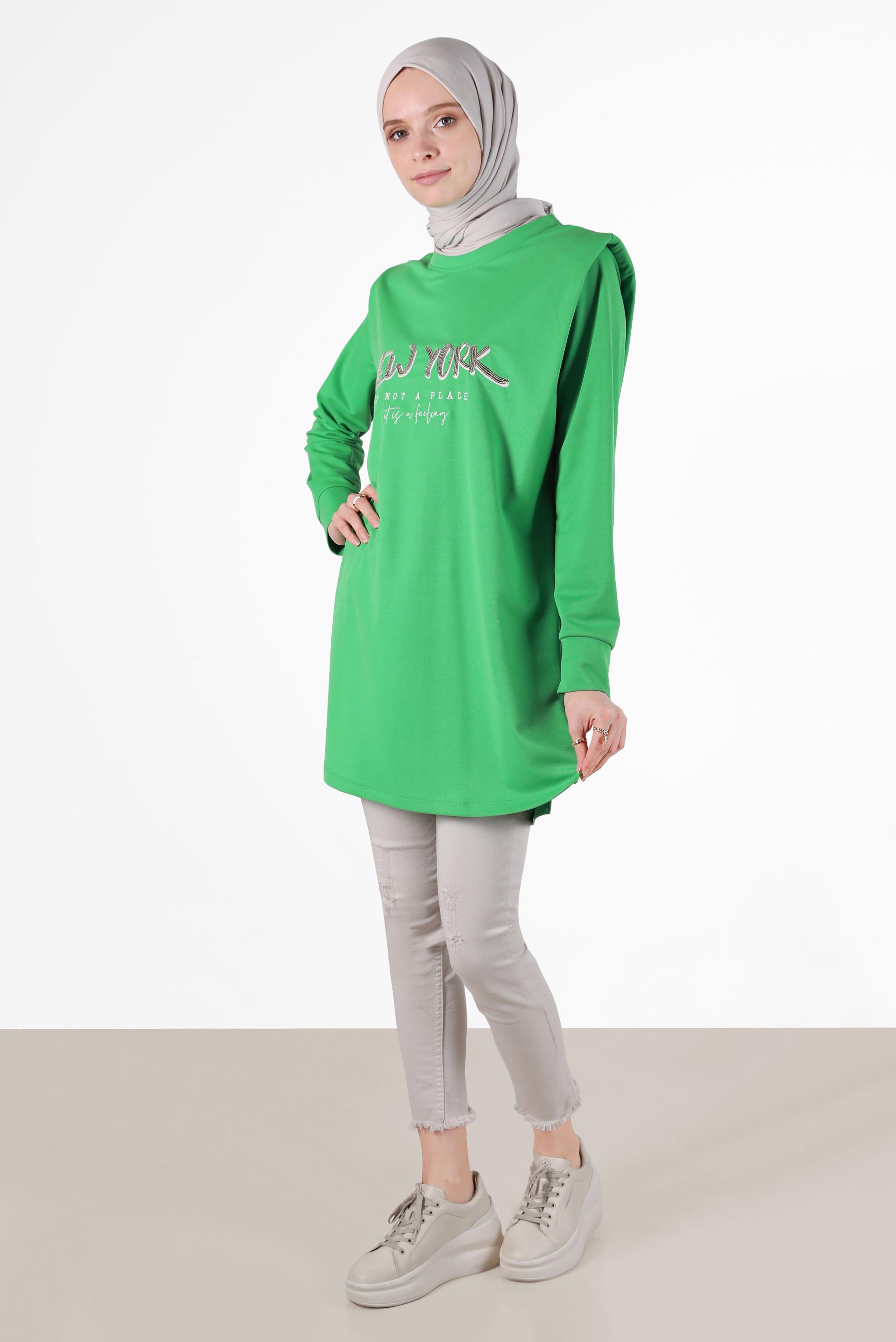 Tesettür giyim YEŞİL BASKILI VATKALI EŞOFMAN TUNİK 42776