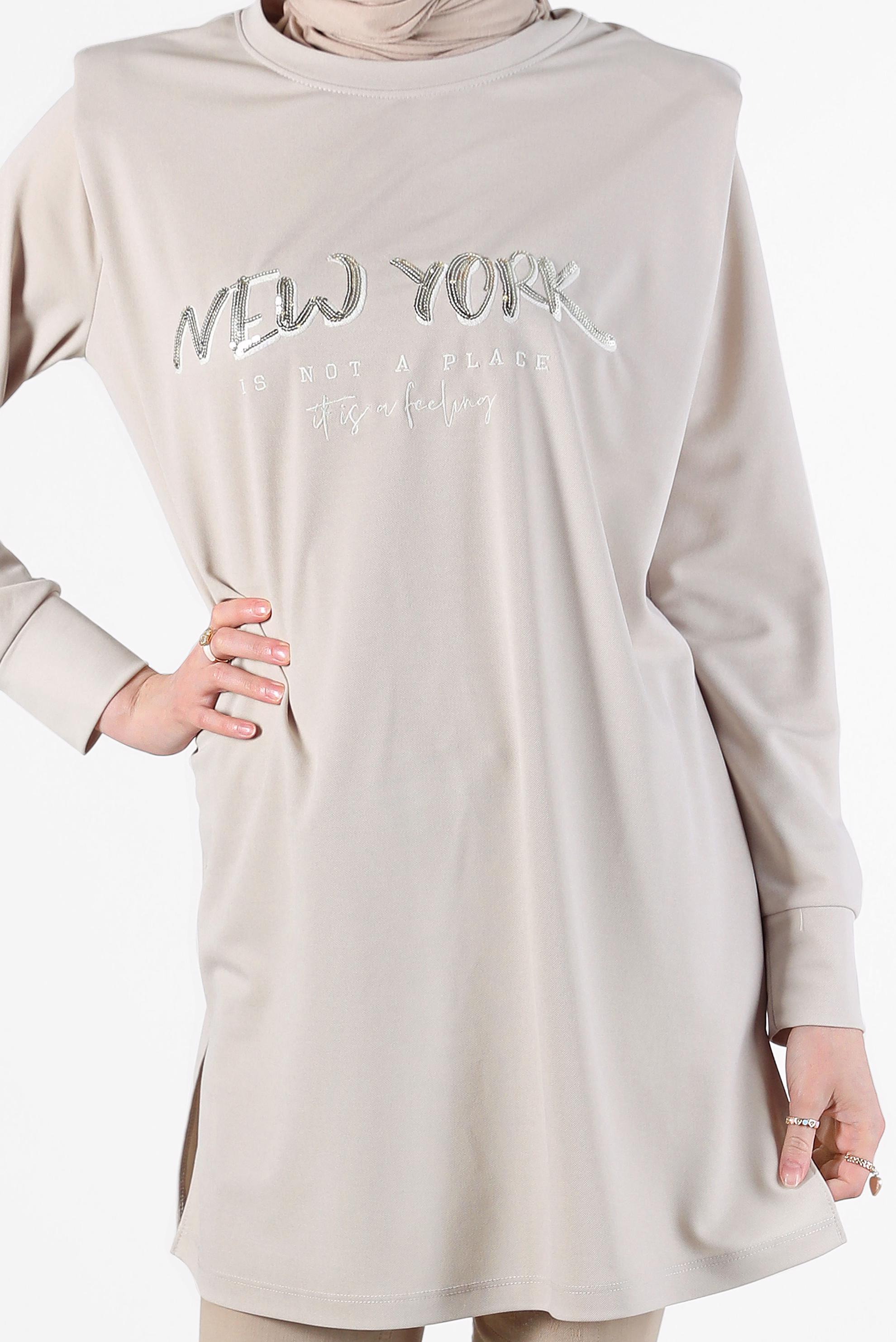 Tesettür giyim BEJ BASKILI VATKALI EŞOFMAN TUNİK 42776