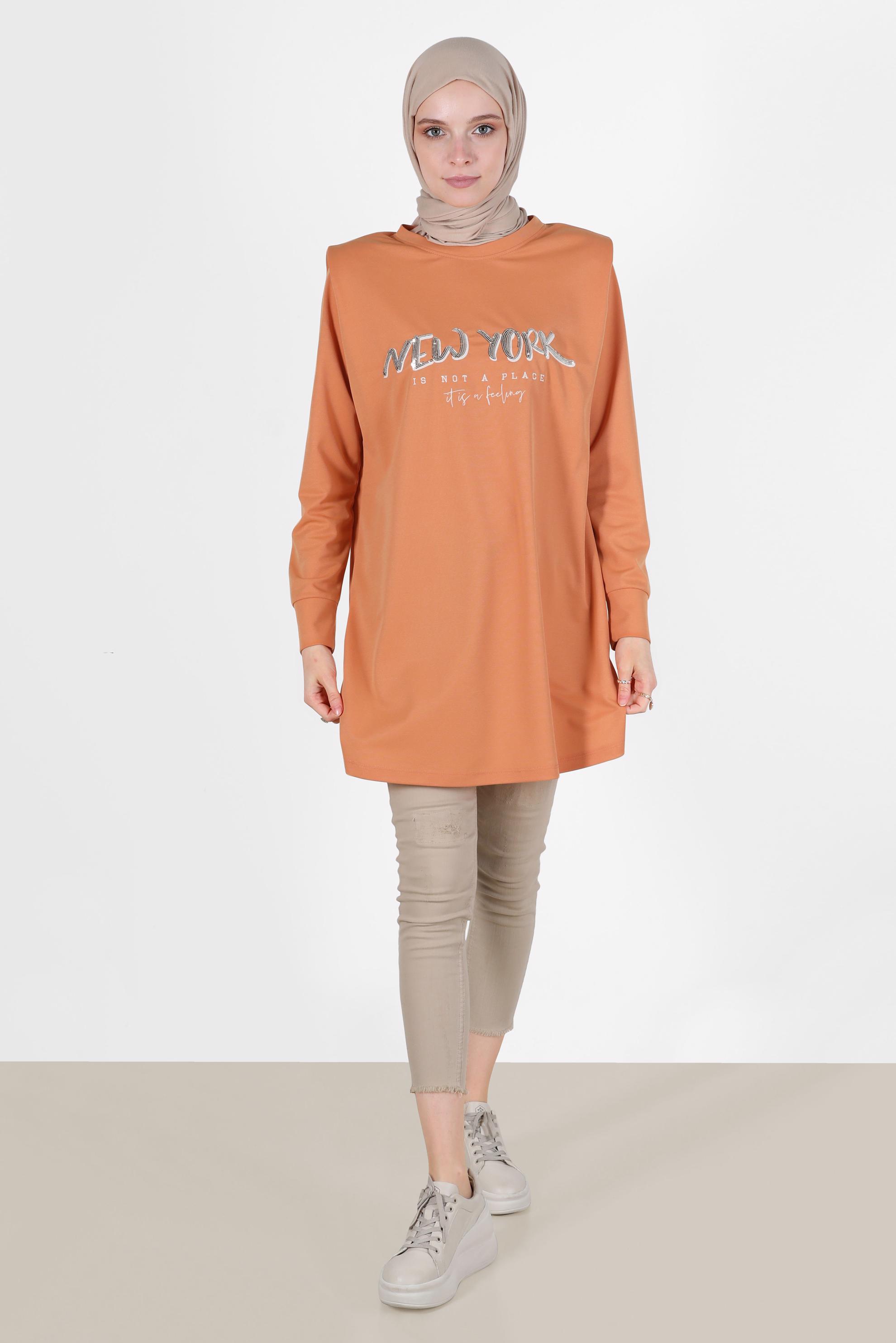 Tesettür giyim TURUNCU BASKILI VATKALI EŞOFMAN TUNİK 42776