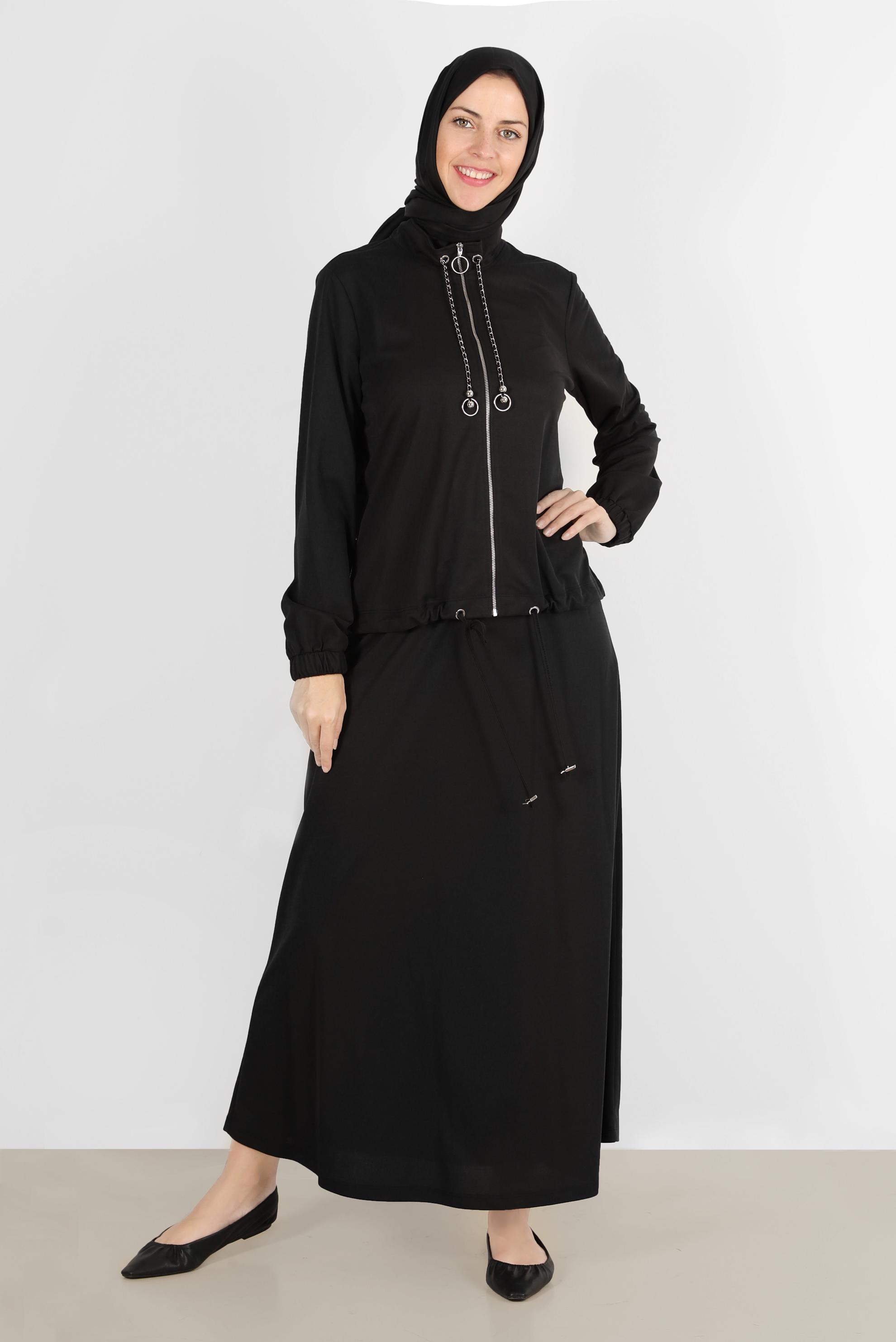 Tesettür giyim SİYAH MANŞETLERİ LASTİKLİ FERMUARLI İKİLİ ETEKLİ EŞOFMAN TAKIMI 42847 