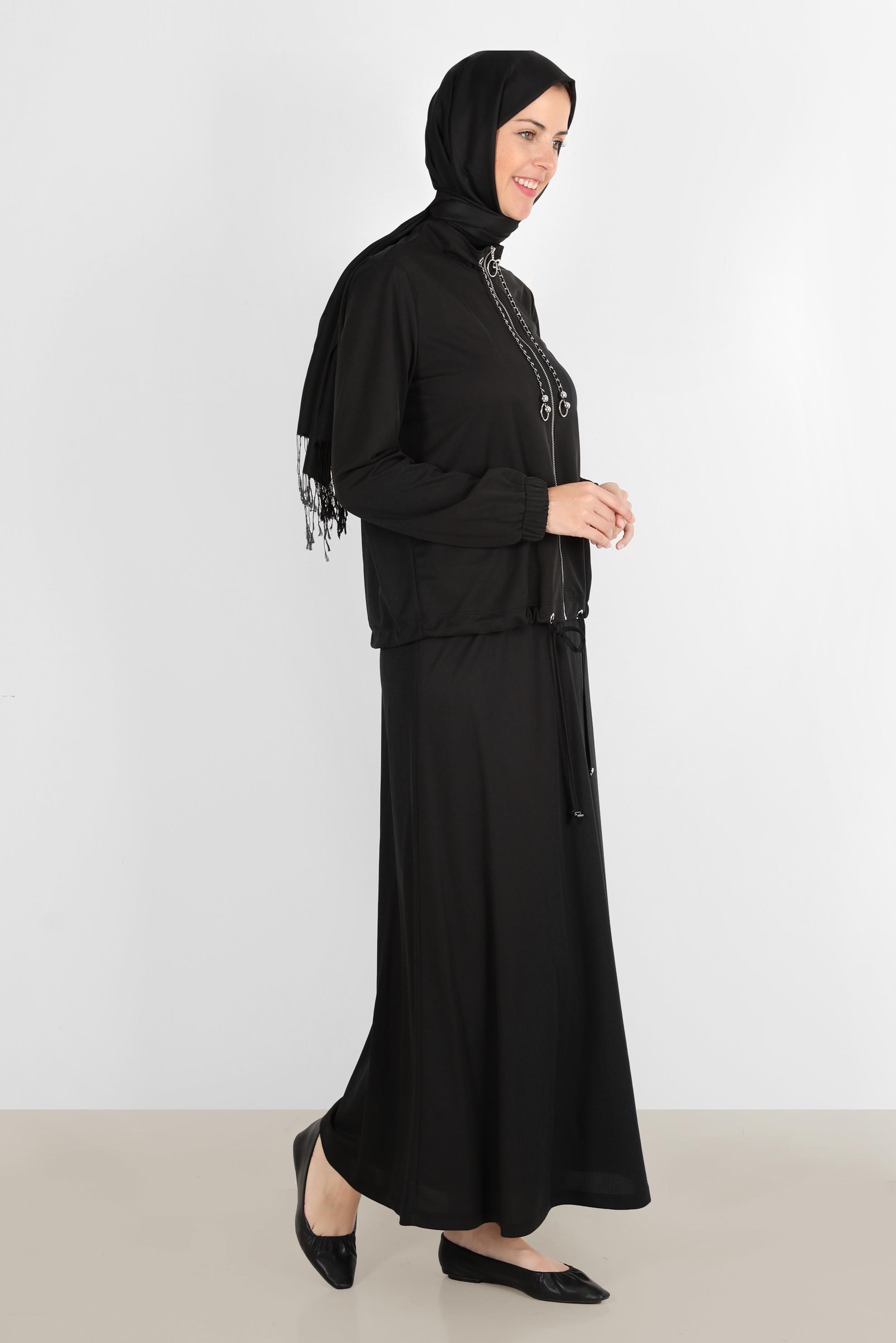 Tesettür giyim SİYAH MANŞETLERİ LASTİKLİ FERMUARLI İKİLİ ETEKLİ EŞOFMAN TAKIMI 42847 