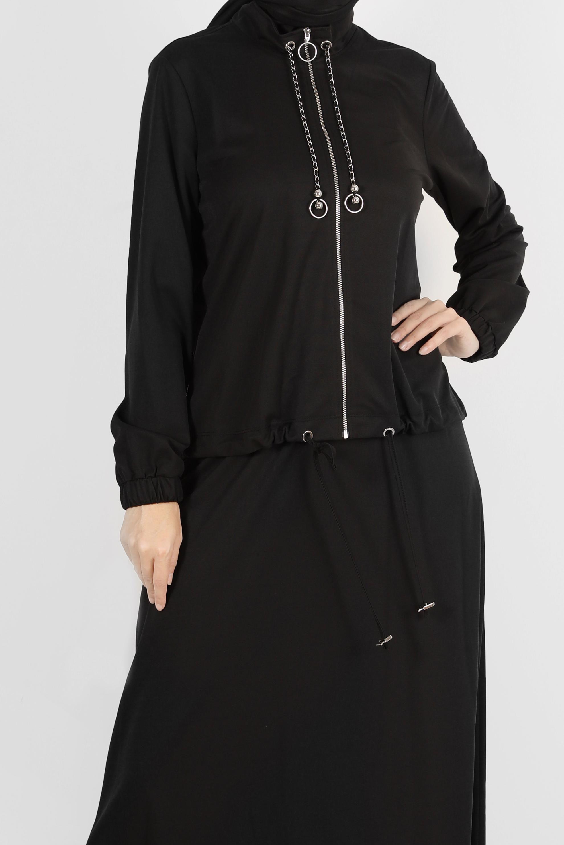 Tesettür giyim SİYAH MANŞETLERİ LASTİKLİ FERMUARLI İKİLİ ETEKLİ EŞOFMAN TAKIMI 42847 