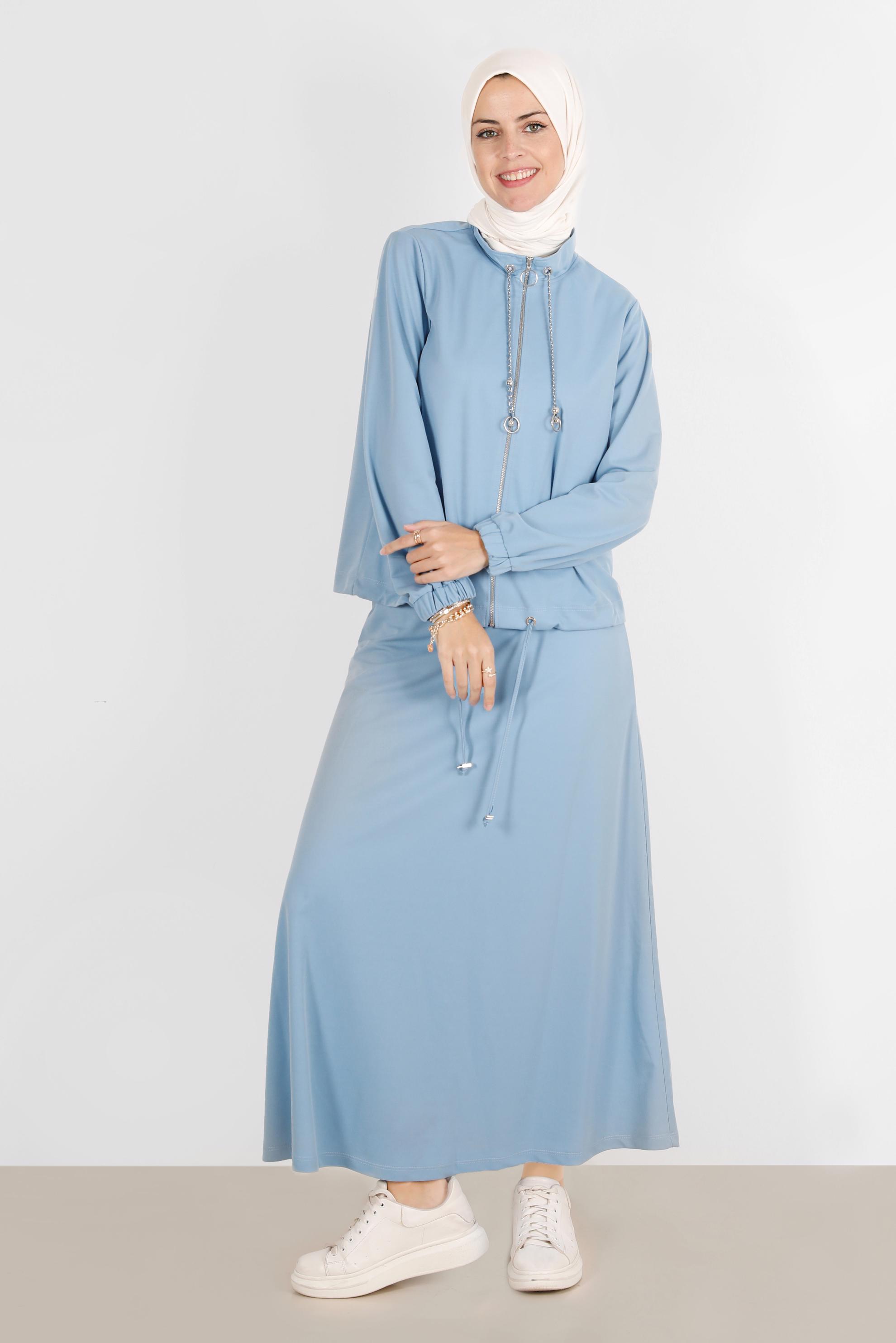 Tesettür giyim MAVİ MANŞETLERİ LASTİKLİ FERMUARLI İKİLİ ETEKLİ EŞOFMAN TAKIMI 42847 