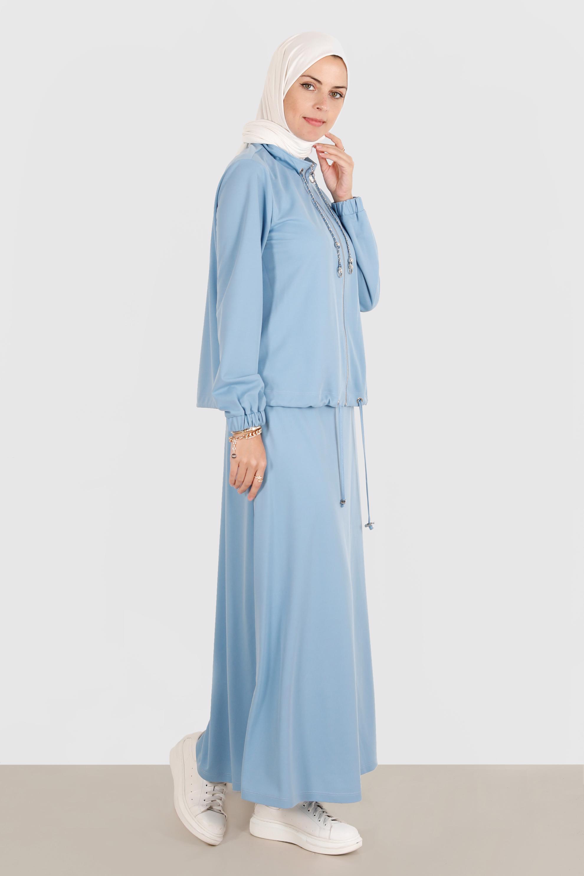 Tesettür giyim MAVİ MANŞETLERİ LASTİKLİ FERMUARLI İKİLİ ETEKLİ EŞOFMAN TAKIMI 42847 