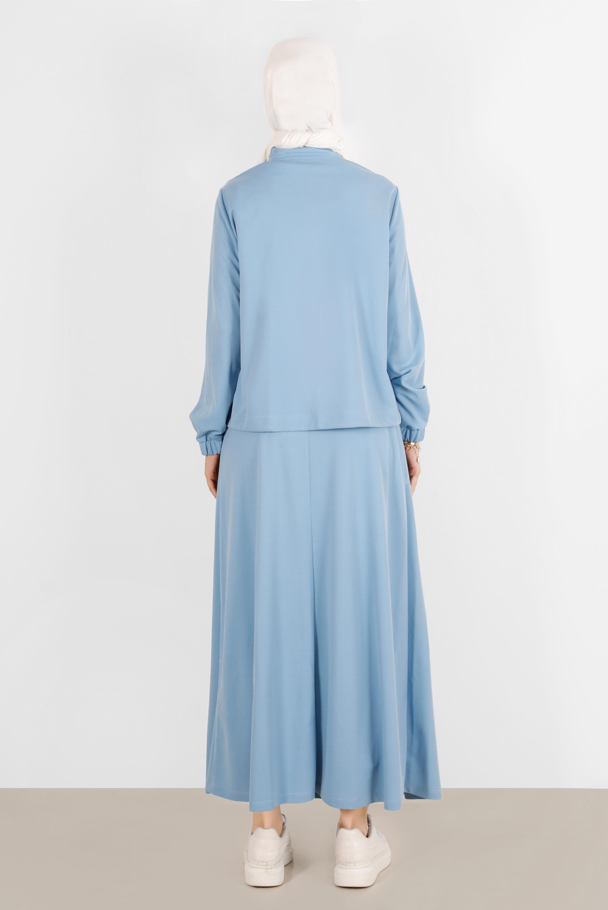 Tesettür giyim MAVİ MANŞETLERİ LASTİKLİ FERMUARLI İKİLİ ETEKLİ EŞOFMAN TAKIMI 42847 